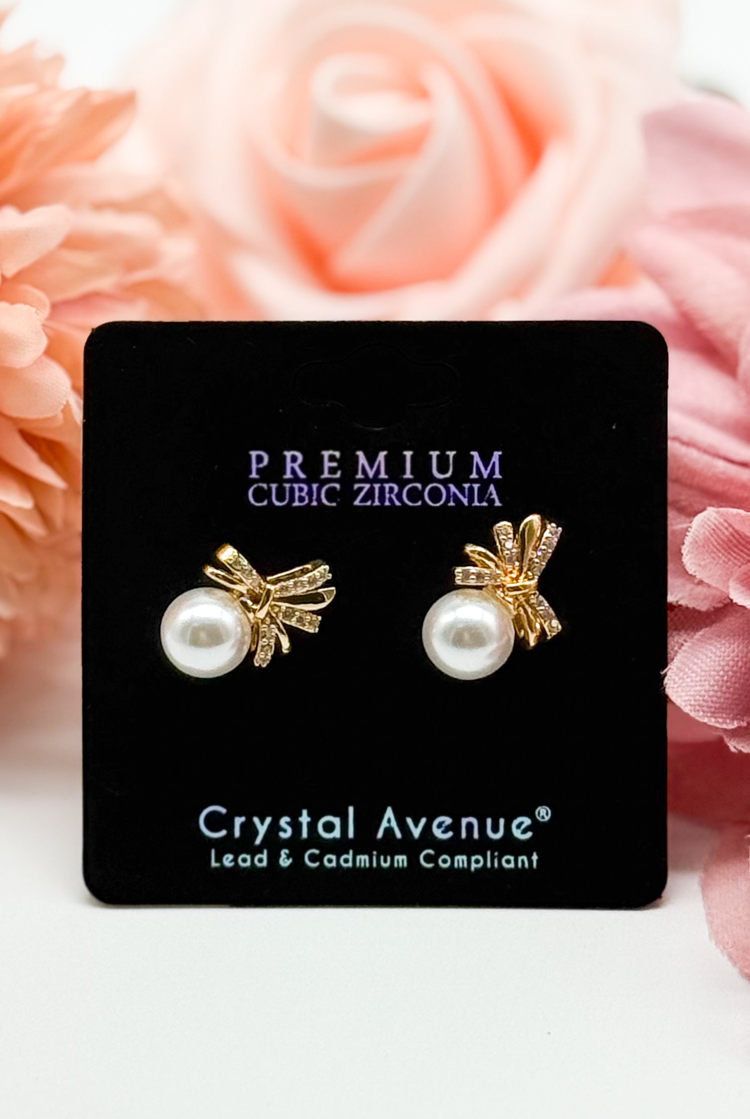CZ Bow Pearl Stud Earring-310 Jewelry-RM Manufacturing-Heathered Boho Boutique, Women's Fashion and Accessories in Palmetto, FL