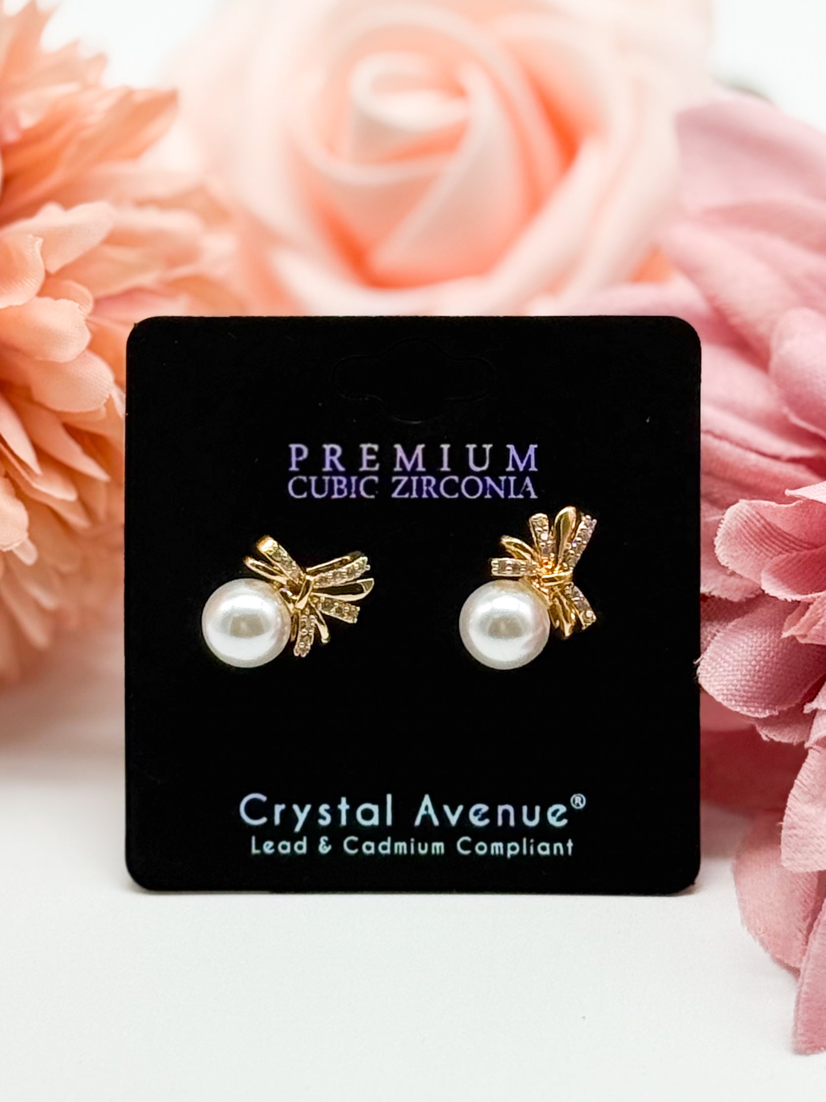 CZ Bow Pearl Stud Earring-310 Jewelry-RM Manufacturing-Heathered Boho Boutique, Women's Fashion and Accessories in Palmetto, FL