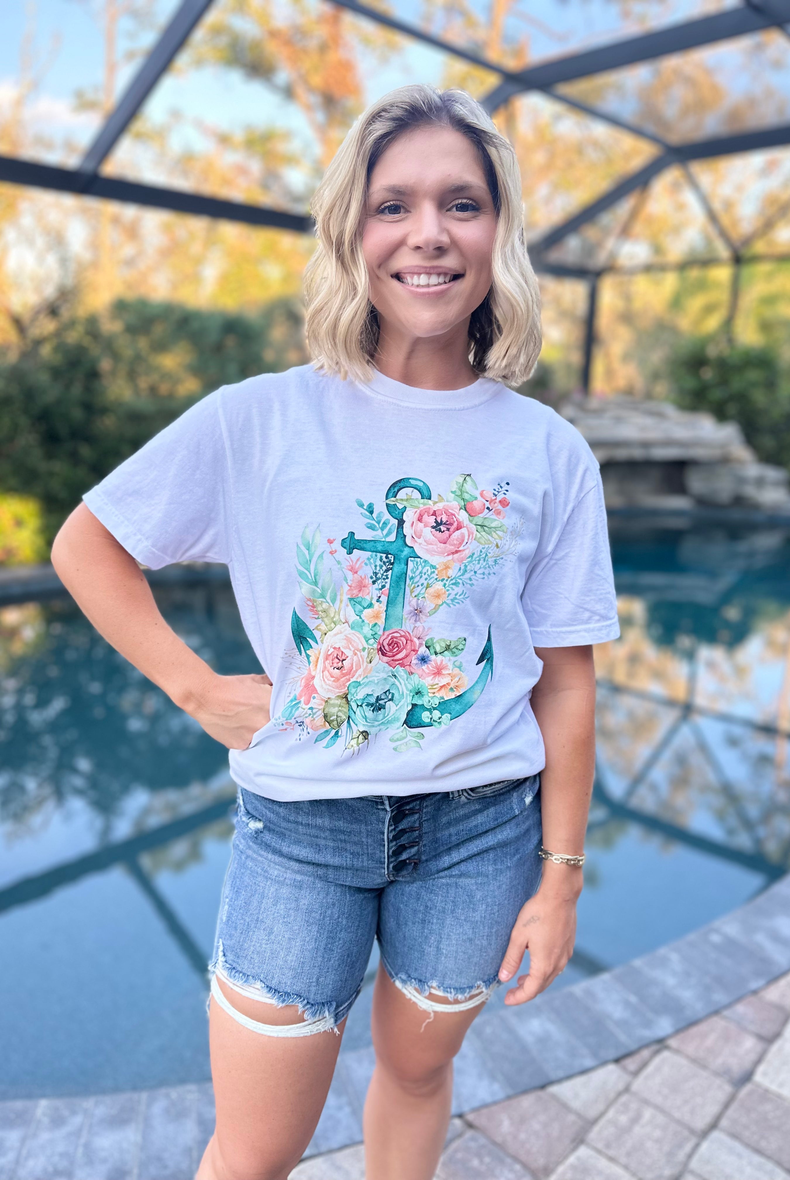 Floral Anchor Graphic Tee - White-130 Graphic Tees-Heathered Boho-Heathered Boho Boutique, Women's Fashion and Accessories in Palmetto, FL