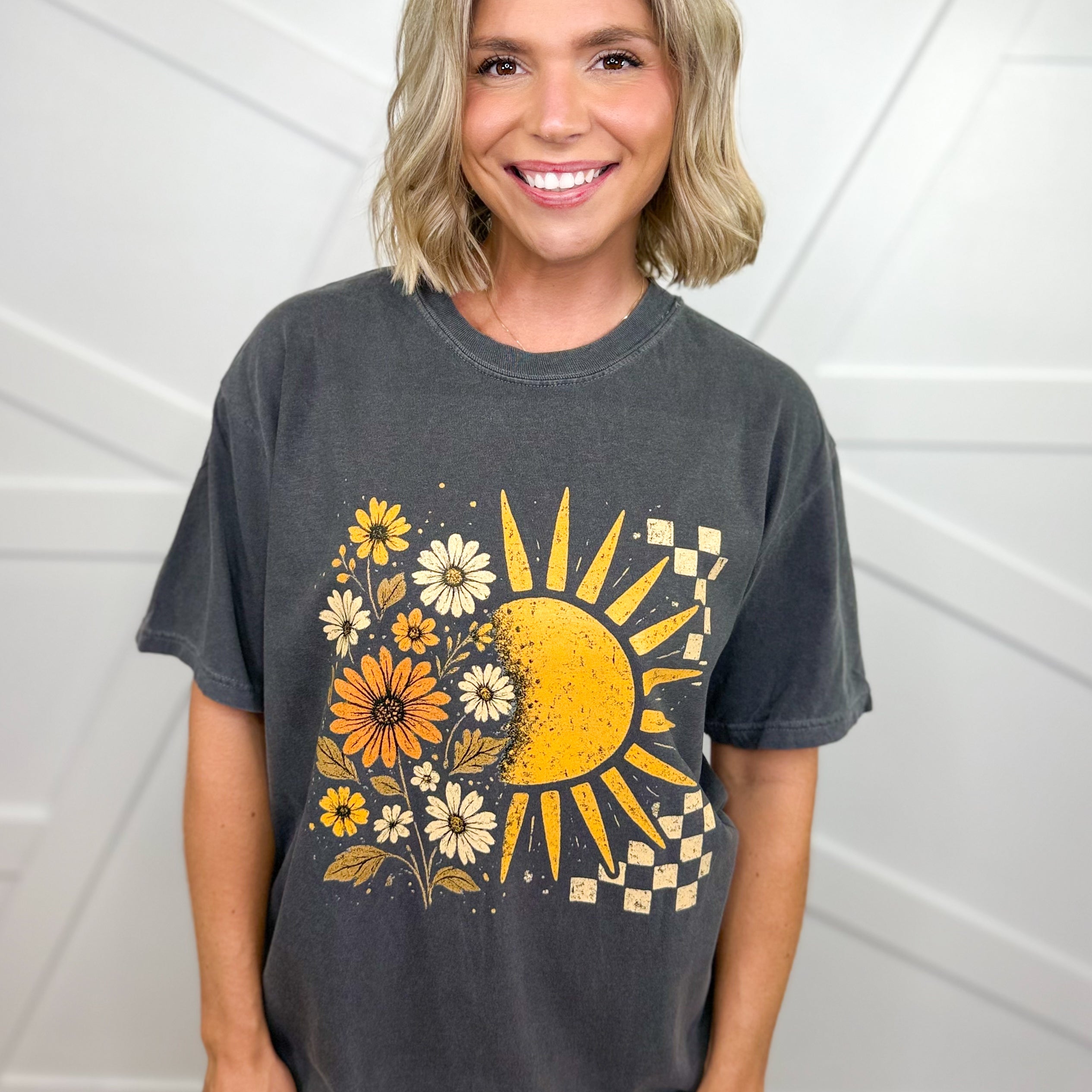 Boho Floral Sun Graphic Tee-130 Graphic Tees-Heathered Boho-Heathered Boho Boutique, Women's Fashion and Accessories in Palmetto, FL