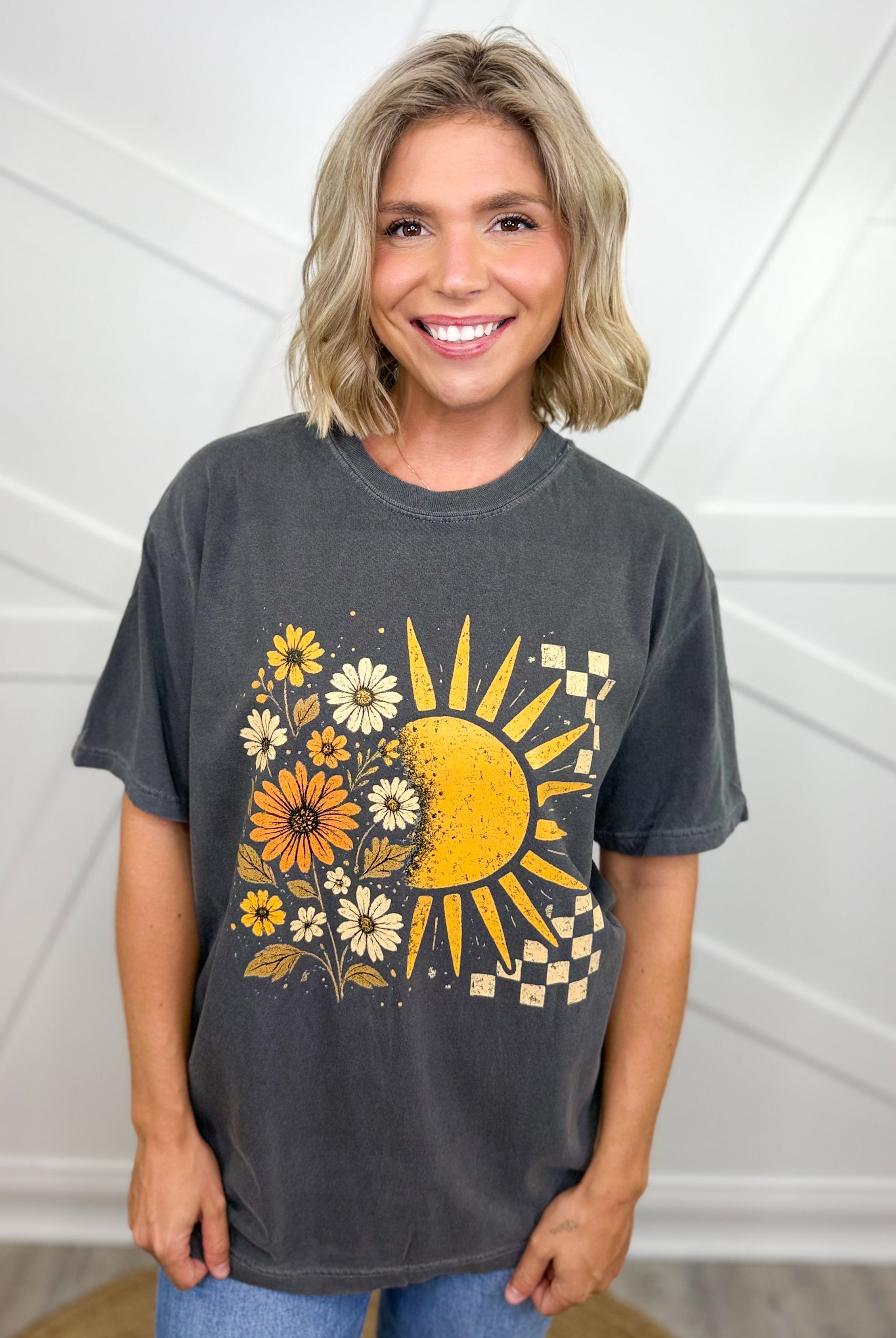 Boho Floral Sun Graphic Tee-130 Graphic Tees-Heathered Boho-Heathered Boho Boutique, Women's Fashion and Accessories in Palmetto, FL