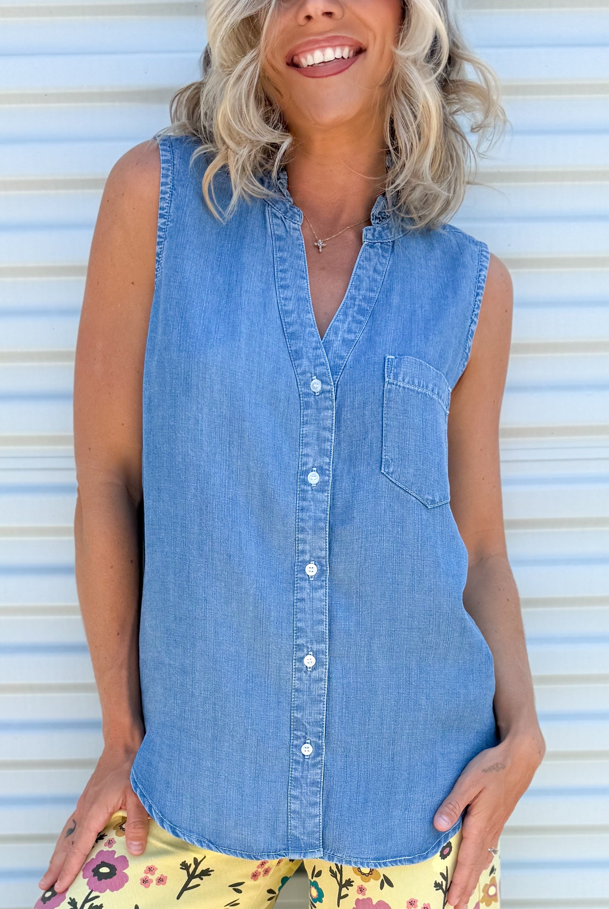 Cooling Denim Button Up Top-110 Short Sleeve Top-STITCH & CO-Heathered Boho Boutique, Women's Fashion and Accessories in Palmetto, FL