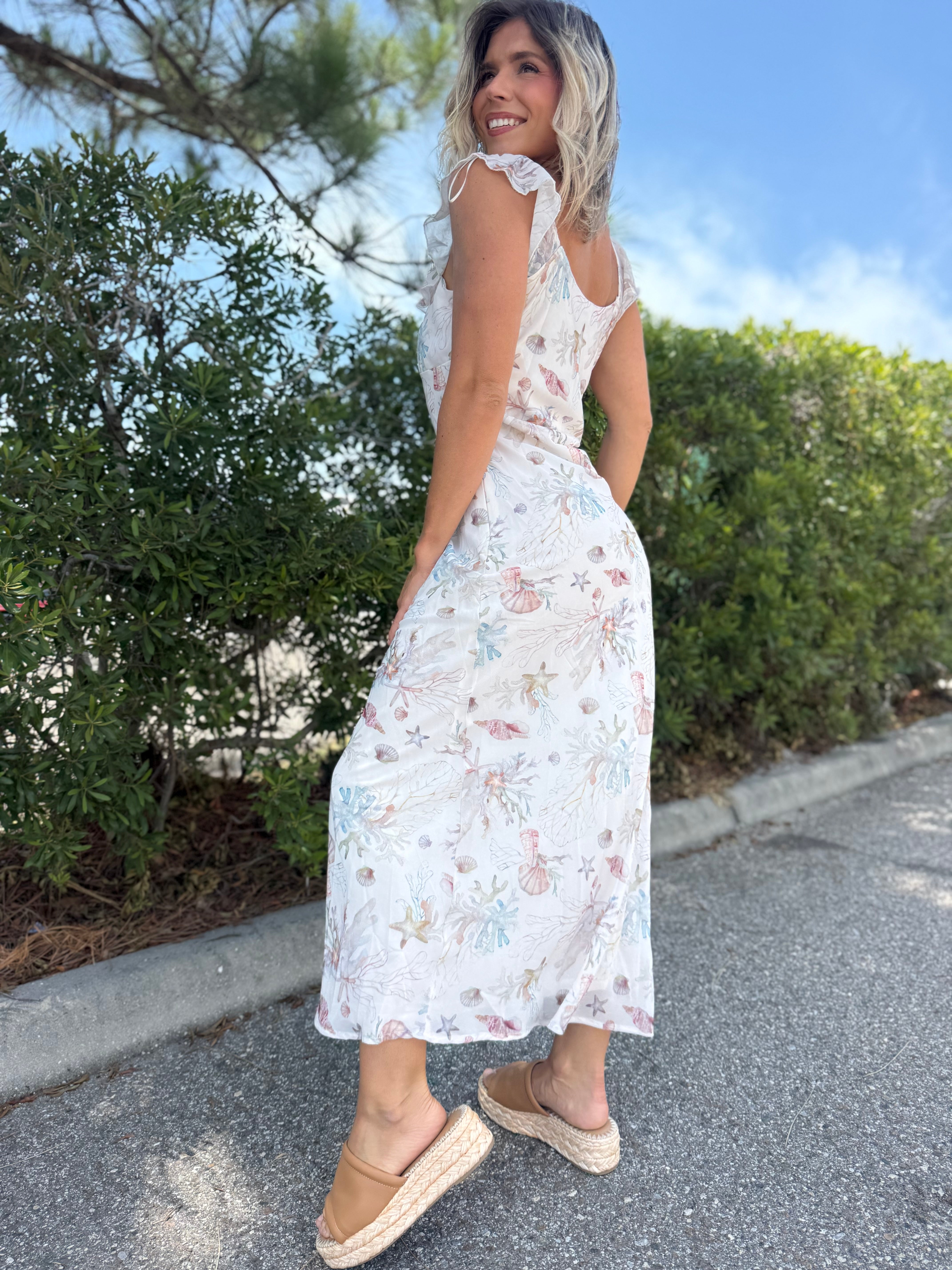 Coral Coast Ruffle Midi Dress-230 DRESSES/JUMPSUITS/ROMPERS-POLAGRAM-Heathered Boho Boutique, Women's Fashion and Accessories in Palmetto, FL