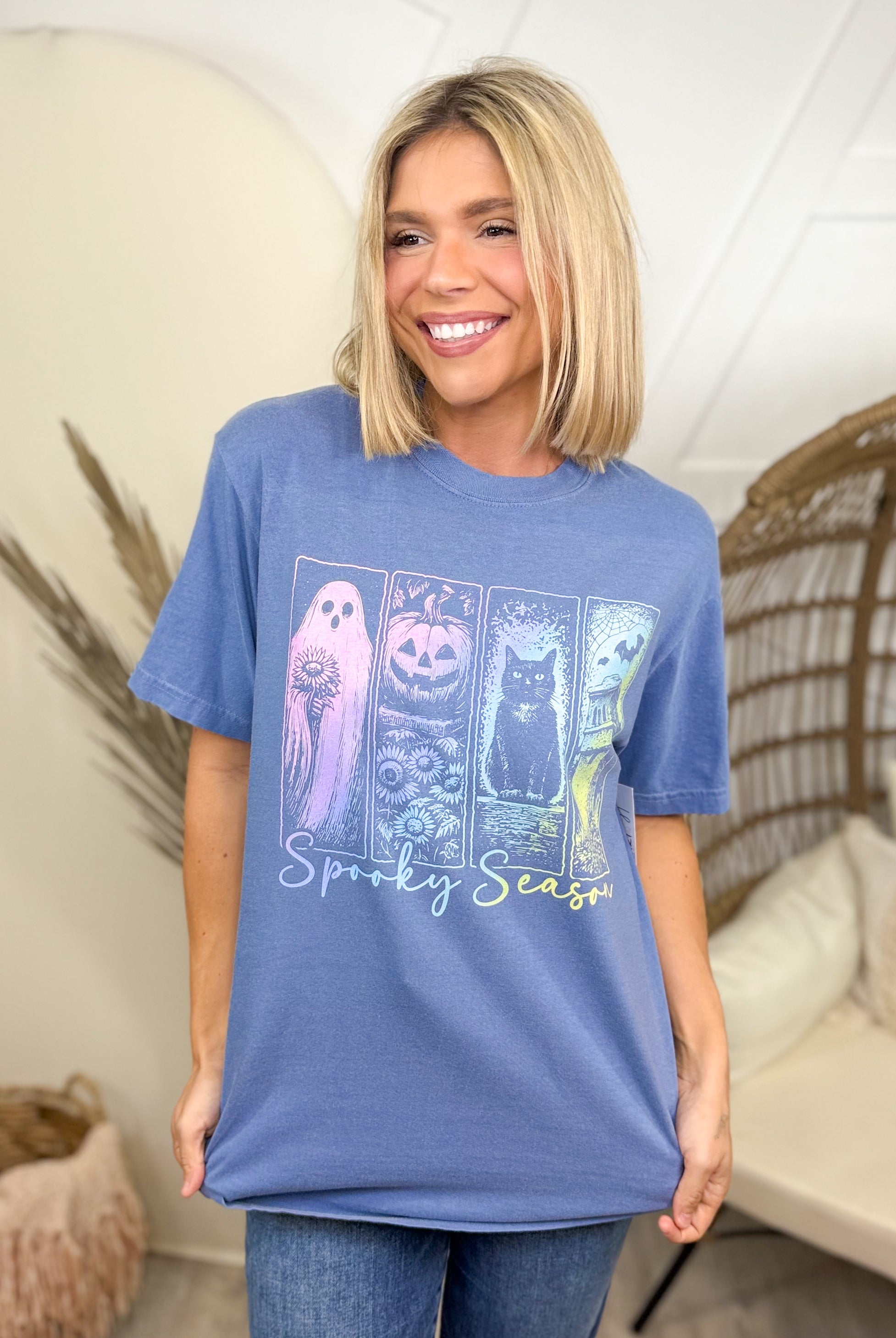 Spooky Season Panel Graphic Tee-130 Graphic Tees-Heathered Boho-Heathered Boho Boutique, Women's Fashion and Accessories in Palmetto, FL