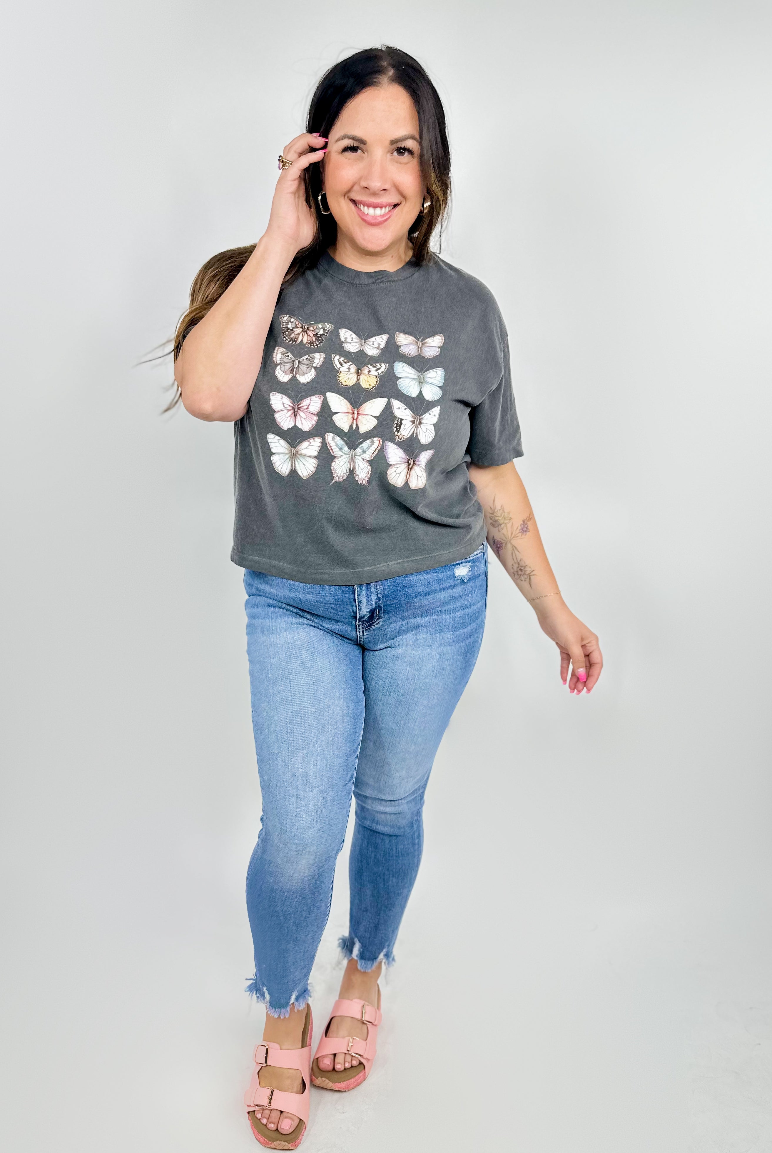 Pastel Butterflies Graphic Boxy Tee-130 Graphic Tees-Heathered Boho-Heathered Boho Boutique, Women's Fashion and Accessories in Palmetto, FL