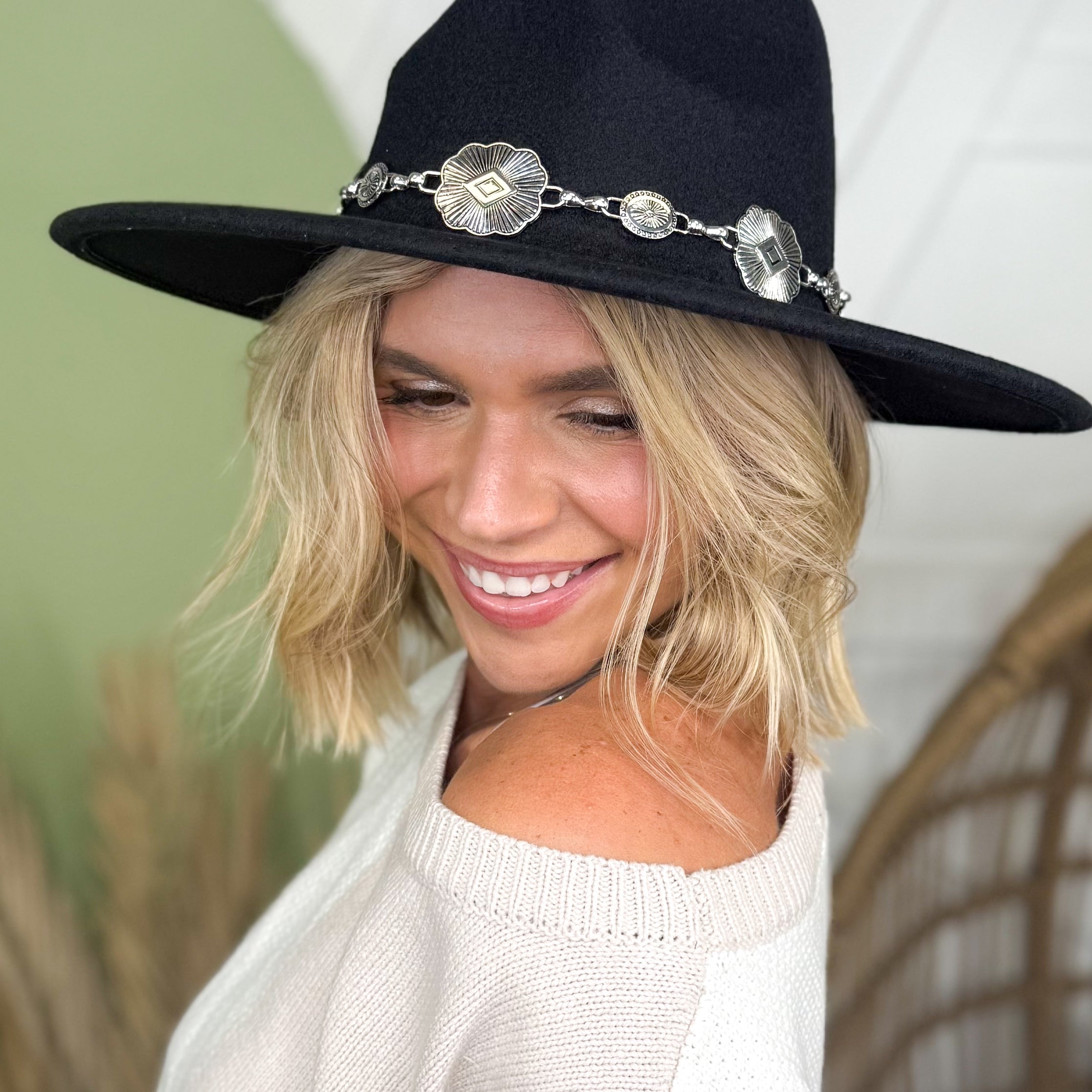 Concho Chain Strap Flat Brim Fedora Fashion Hat-330 Headwear-Fame Accessories-Heathered Boho Boutique, Women's Fashion and Accessories in Palmetto, FL