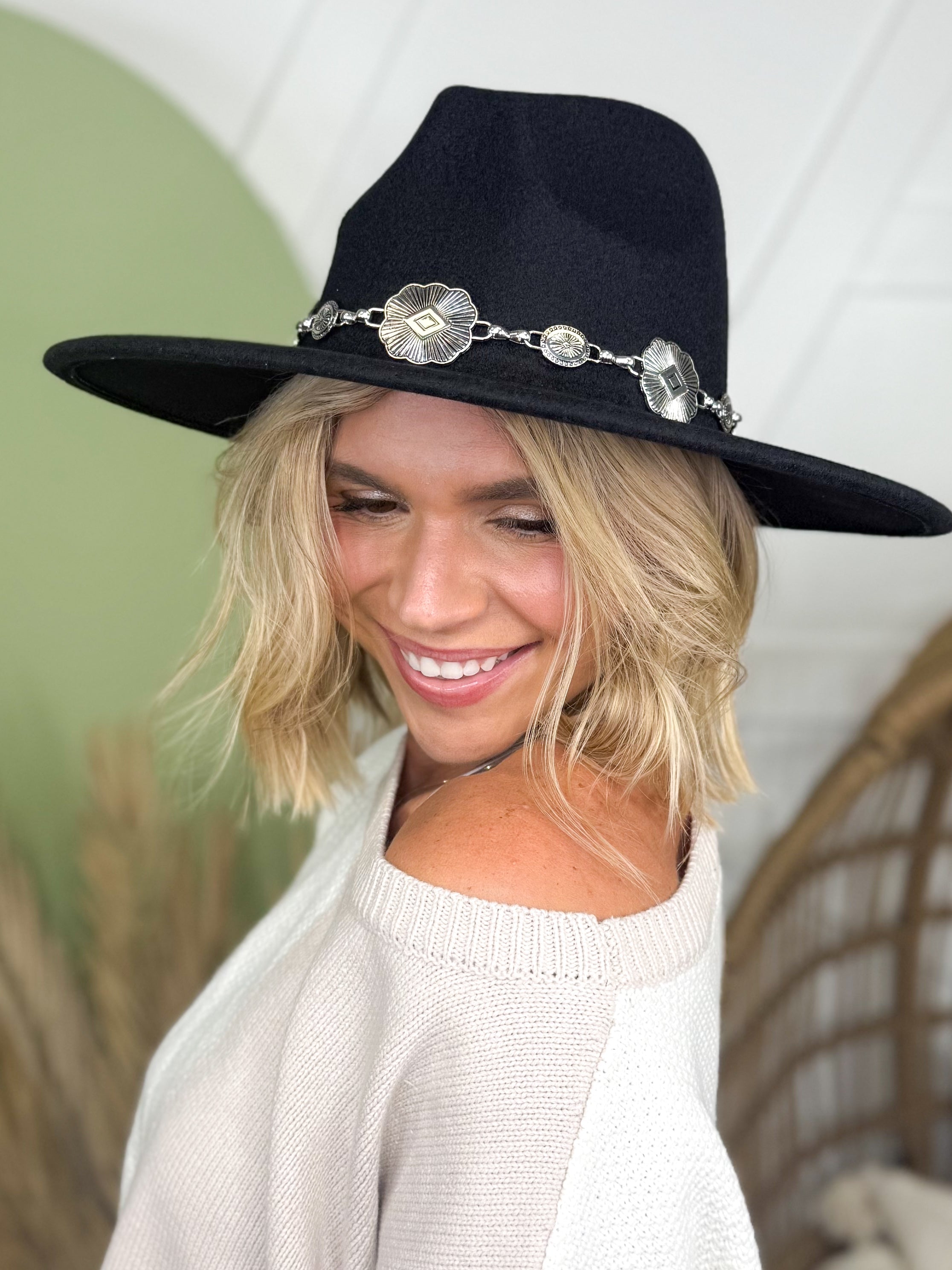 Concho Chain Strap Flat Brim Fedora Fashion Hat-330 Headwear-Fame Accessories-Heathered Boho Boutique, Women's Fashion and Accessories in Palmetto, FL