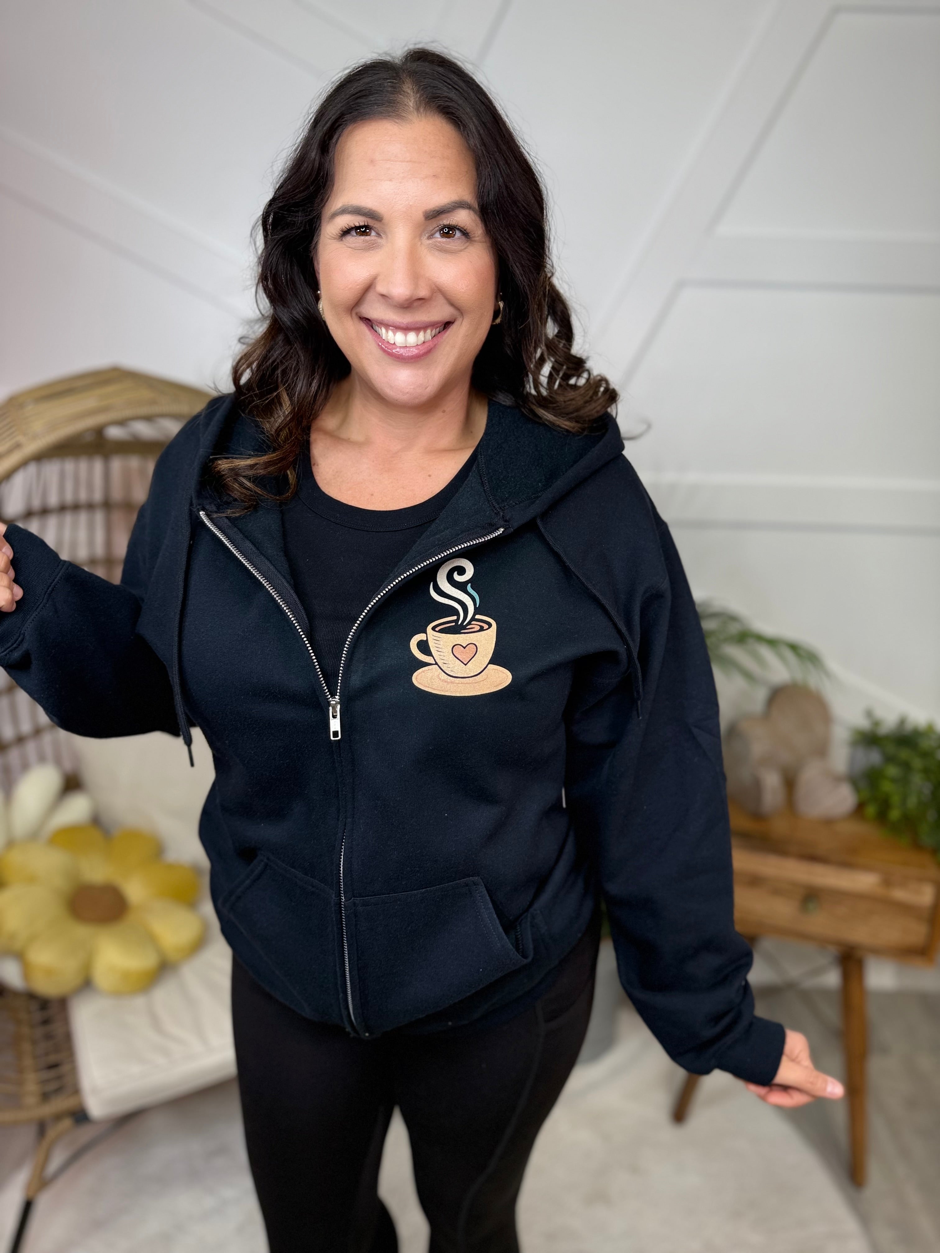 Coffee & Confidence w/ Pocket Graphic Zip-Up Hooded Sweatshirt-130 Graphic Tees-Heathered Boho-Heathered Boho Boutique, Women's Fashion and Accessories in Palmetto, FL