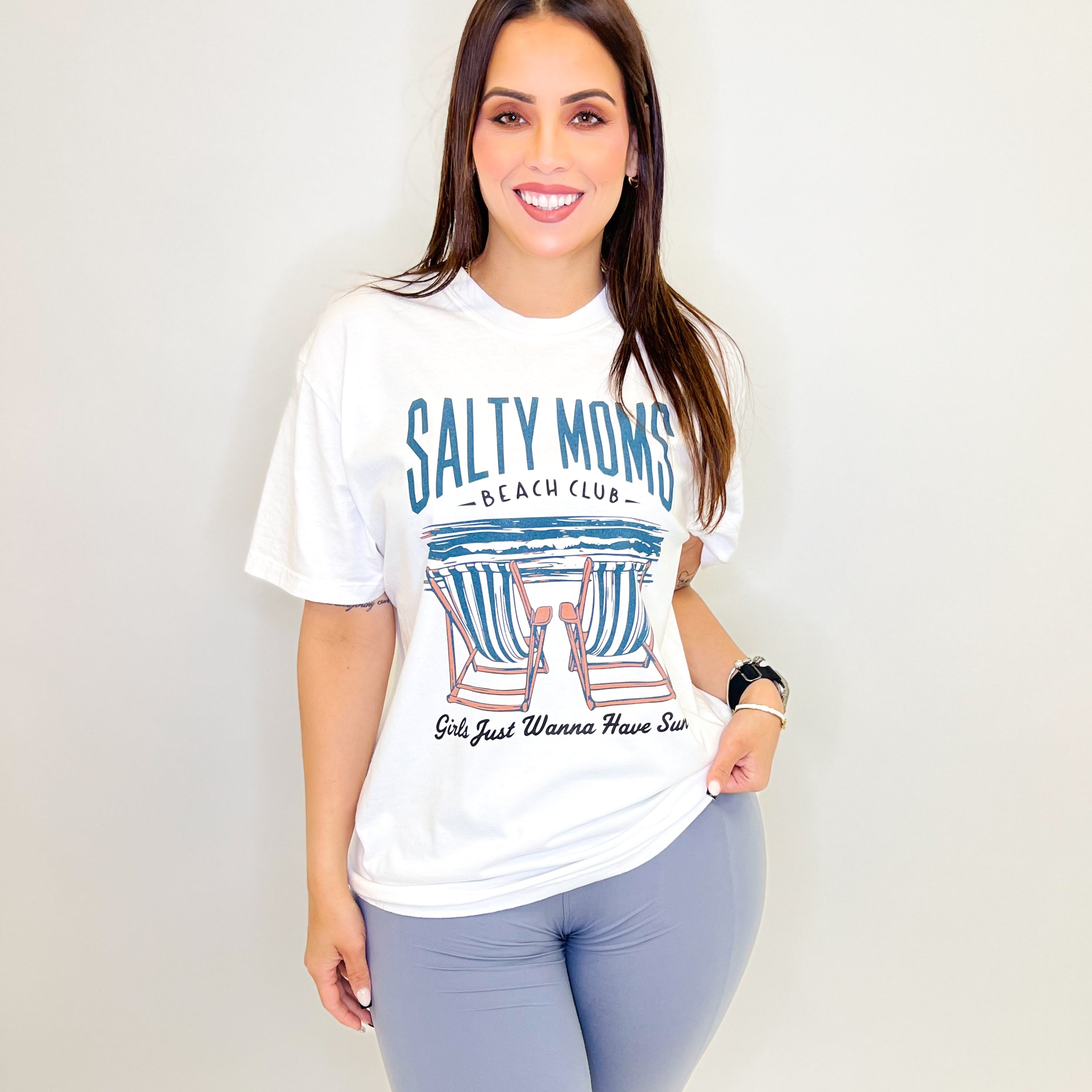 Salty Moms Beach Club Graphic Tee-130 Graphic Tees-Heathered Boho-Heathered Boho Boutique, Women's Fashion and Accessories in Palmetto, FL