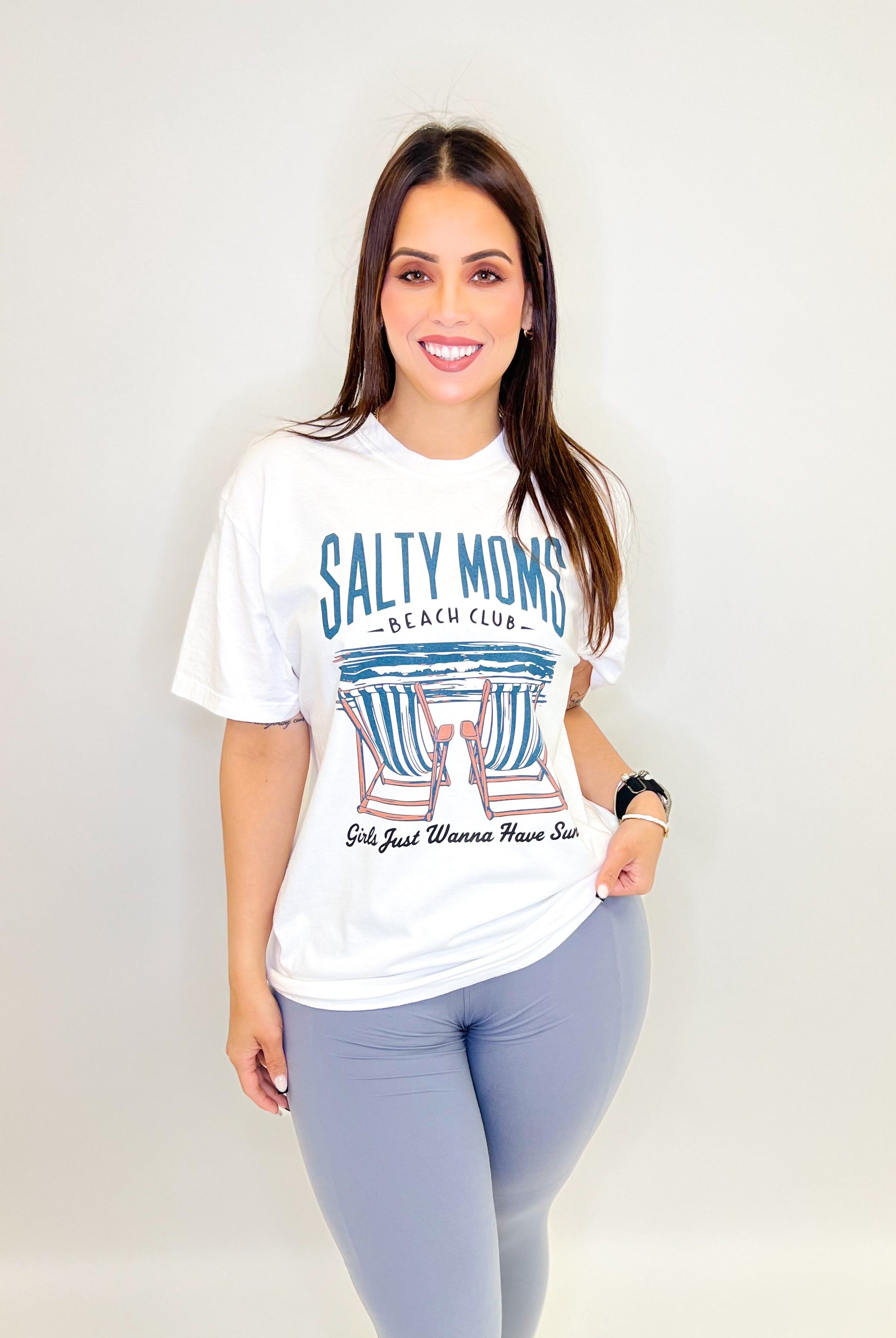Salty Moms Beach Club Graphic Tee-130 Graphic Tees-Heathered Boho-Heathered Boho Boutique, Women's Fashion and Accessories in Palmetto, FL