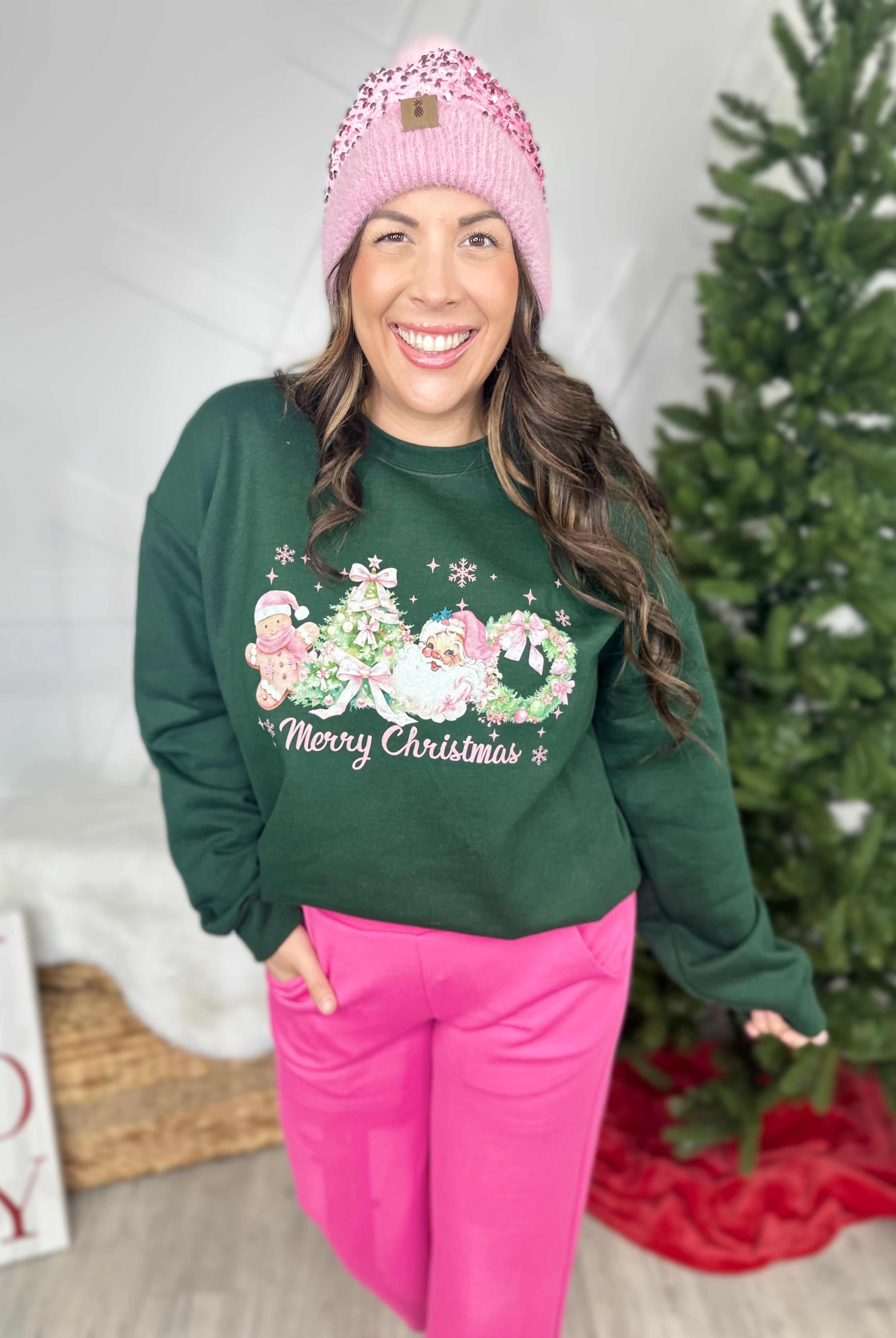Pink Merry Christmas Graphic Sweatshirt-125 Sweater-Heathered Boho-Heathered Boho Boutique, Women's Fashion and Accessories in Palmetto, FL
