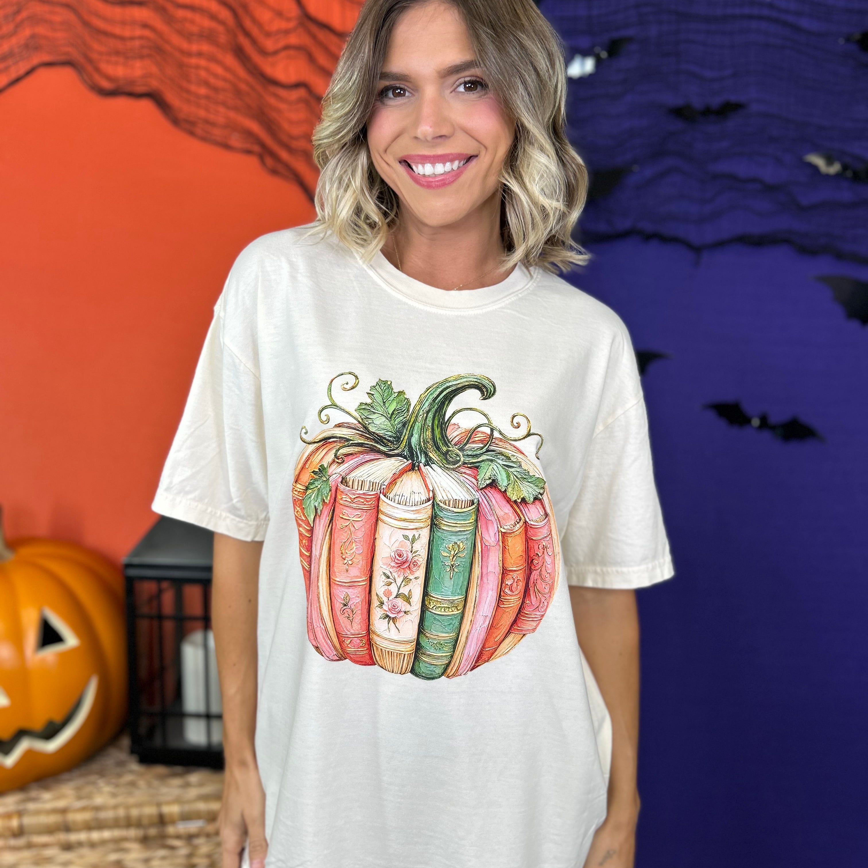 Pumpkin Book Graphic Tee-130 Graphic Tees-Heathered Boho-Heathered Boho Boutique, Women's Fashion and Accessories in Palmetto, FL