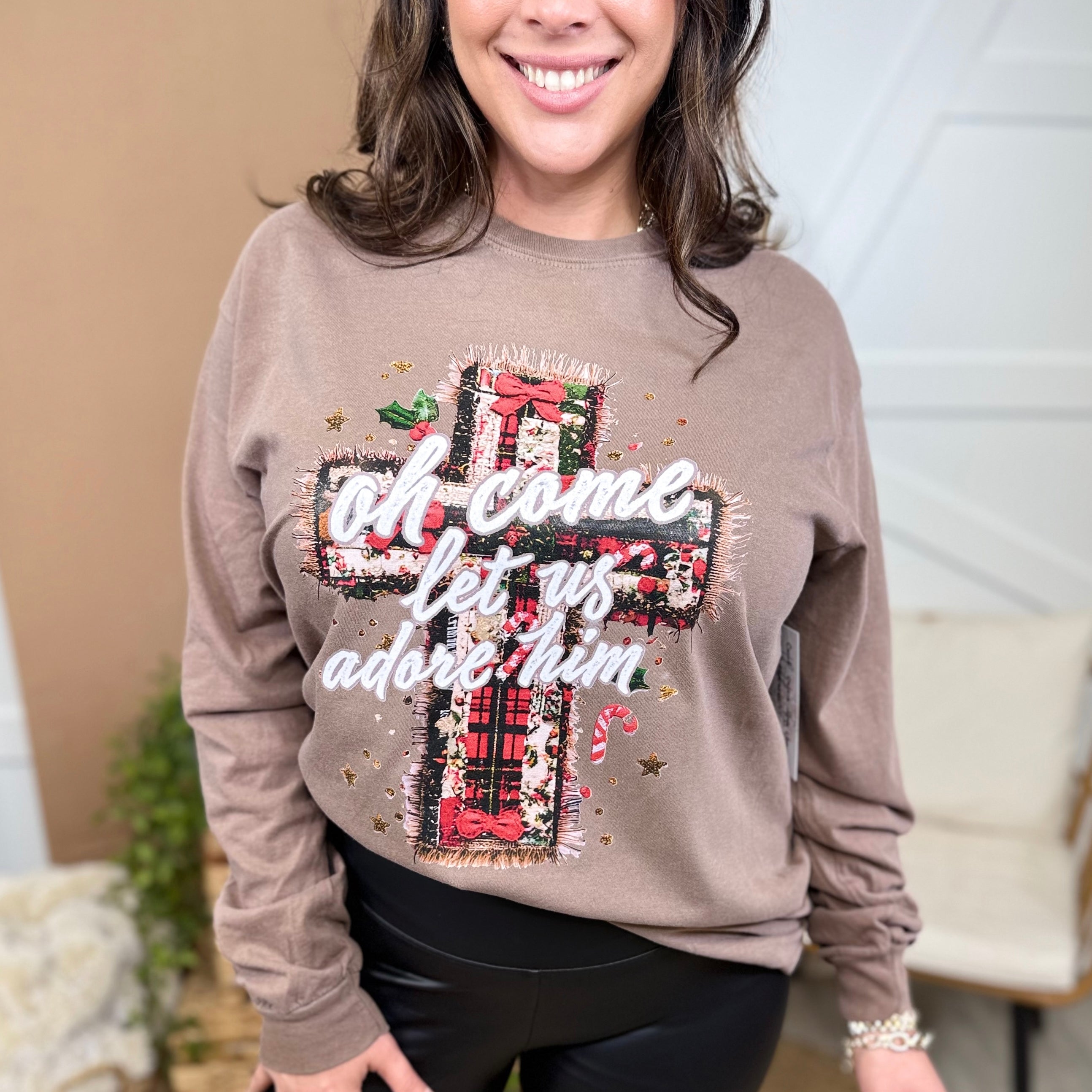 Oh Come Let Us Adore Him Graphic Long Sleeve-130 Graphic Tees-Heathered Boho-Heathered Boho Boutique, Women's Fashion and Accessories in Palmetto, FL