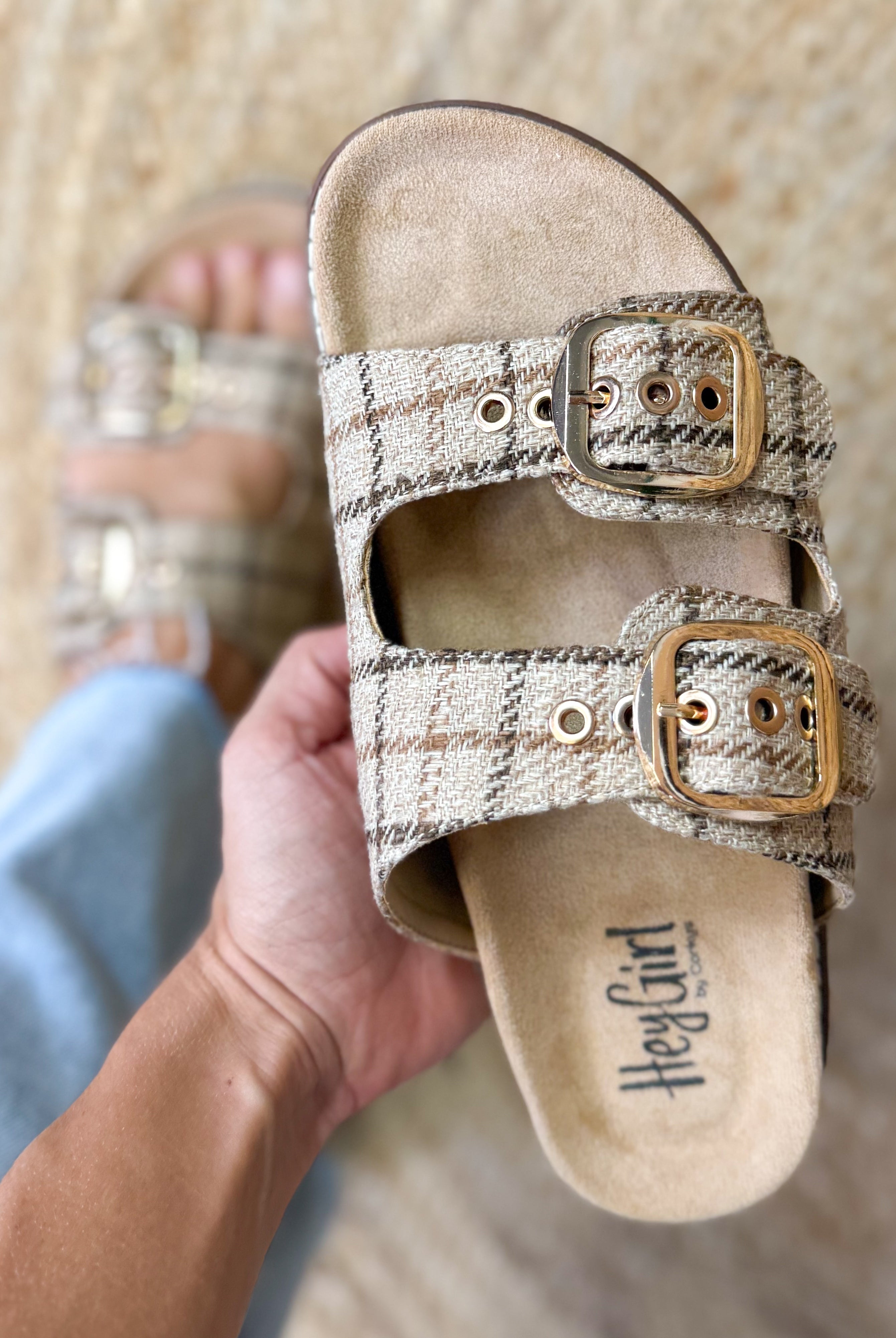 Feelin Saucy Sandals - Tan Plaid-350 SHOES-Corkys-Heathered Boho Boutique, Women's Fashion and Accessories in Palmetto, FL