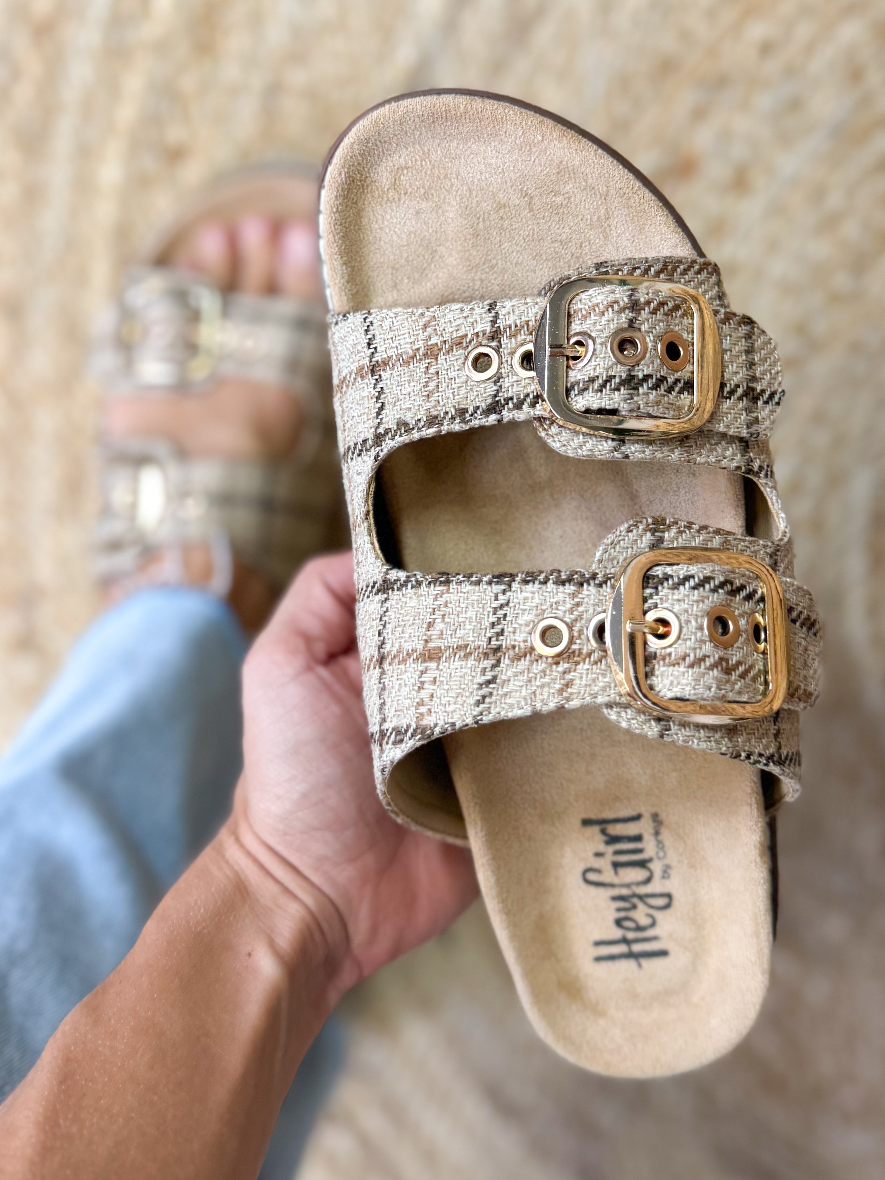 Feelin Saucy Sandals - Tan Plaid-350 SHOES-Corkys-Heathered Boho Boutique, Women's Fashion and Accessories in Palmetto, FL