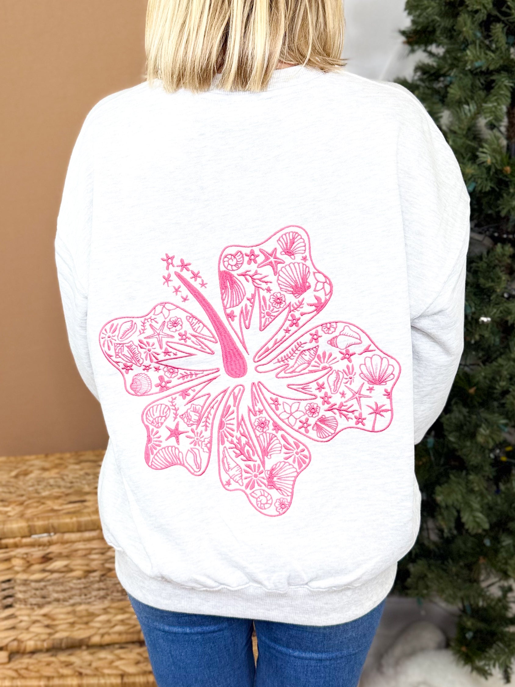 Hibiscus Embroidered Sweatshirt-120 Long Sleeve Tops-Reflex-Heathered Boho Boutique, Women's Fashion and Accessories in Palmetto, FL