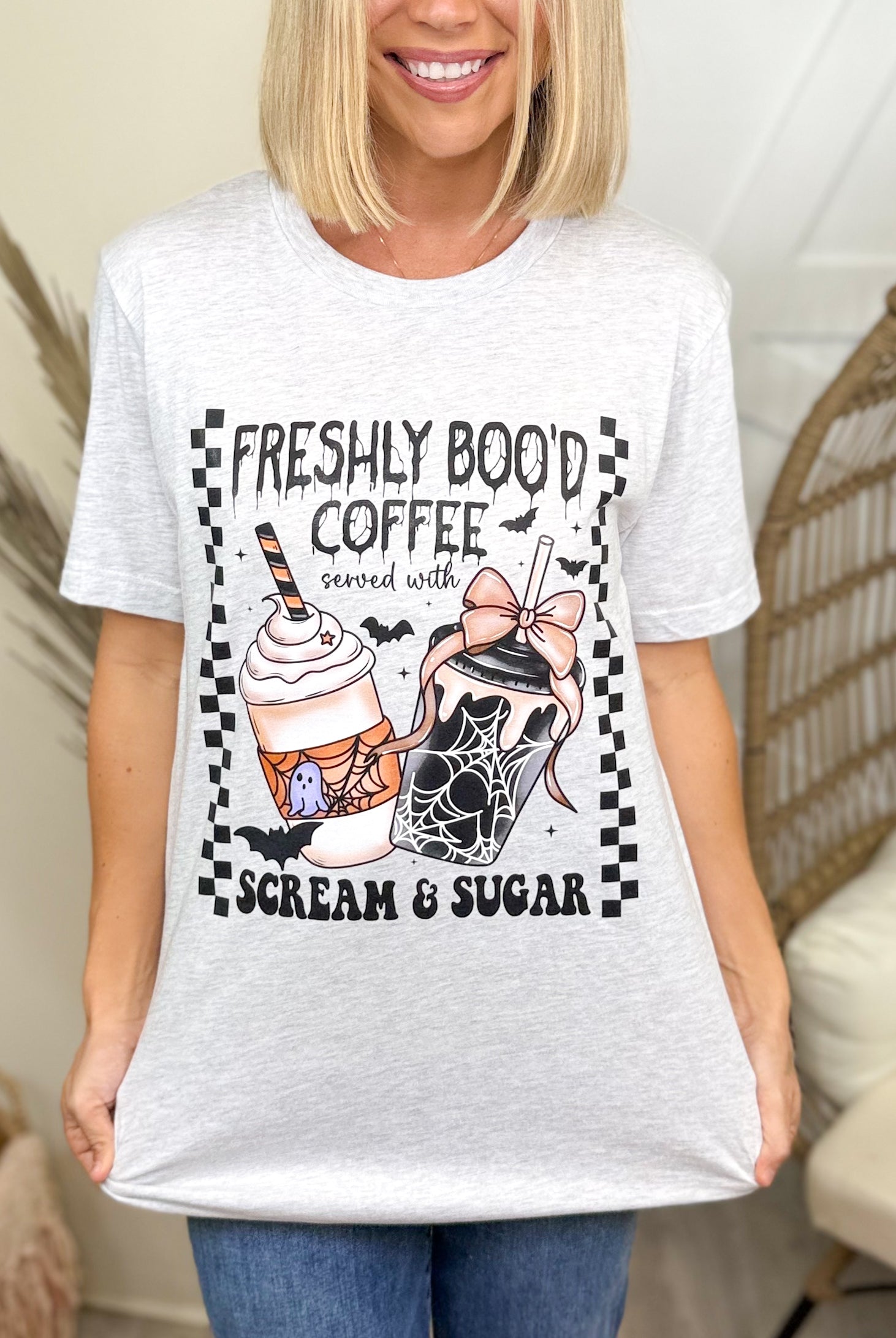 Freshly Boo'd Coffee Graphic Tee-130 Graphic Tees-Heathered Boho-Heathered Boho Boutique, Women's Fashion and Accessories in Palmetto, FL