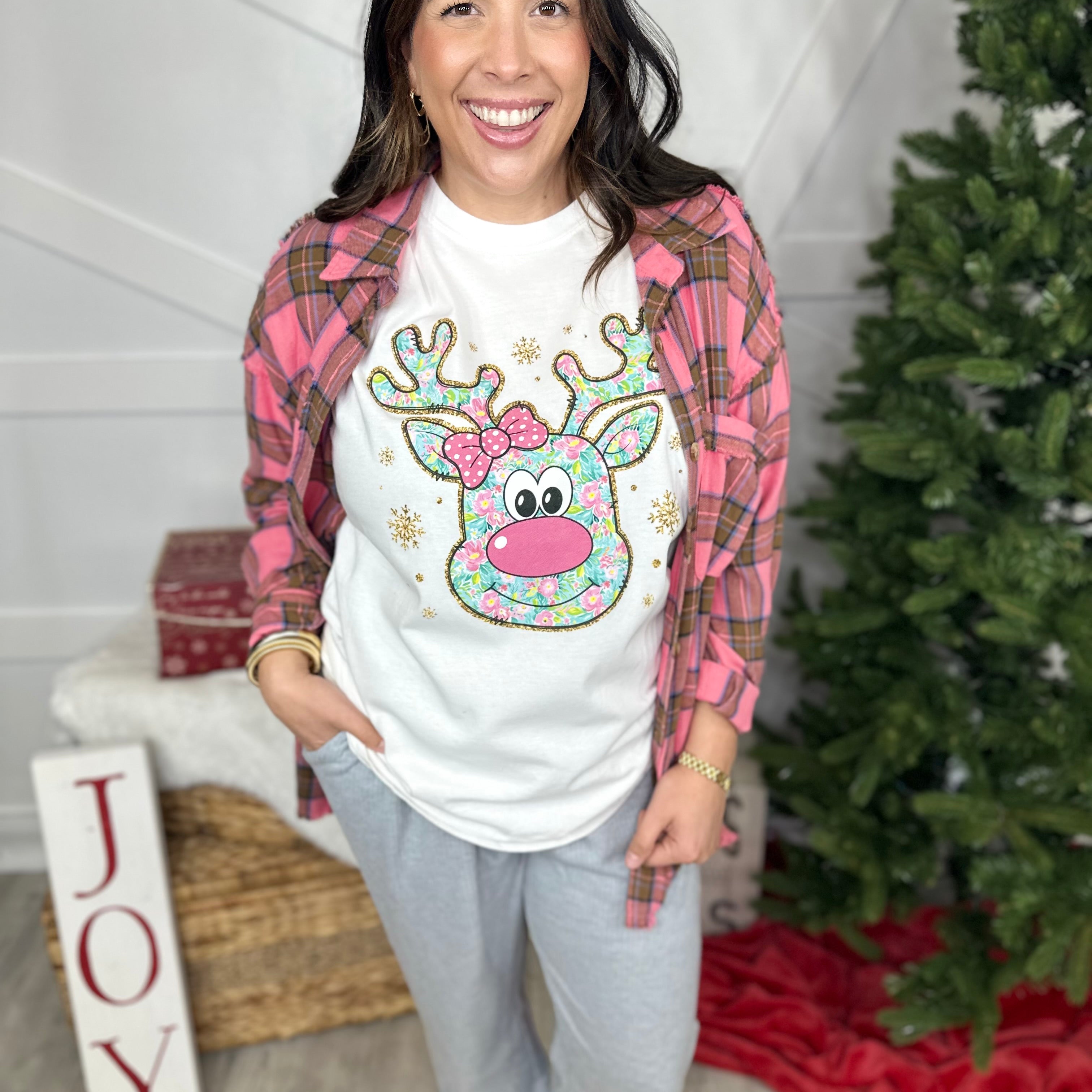 Glitter Floral Reindeer Graphic Tee-130 Graphic Tees-Heathered Boho-Heathered Boho Boutique, Women's Fashion and Accessories in Palmetto, FL