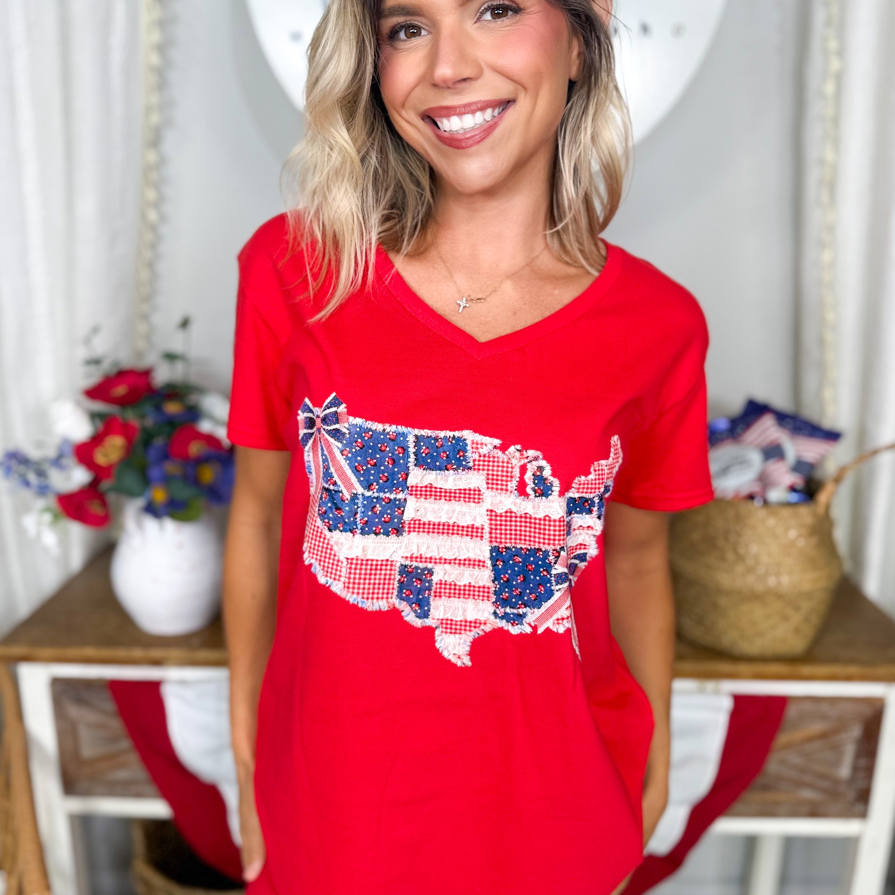 Faux Patchwork USA Map V-Neck Graphic Tee-130 Graphic Tees-Heathered Boho-Heathered Boho Boutique, Women's Fashion and Accessories in Palmetto, FL