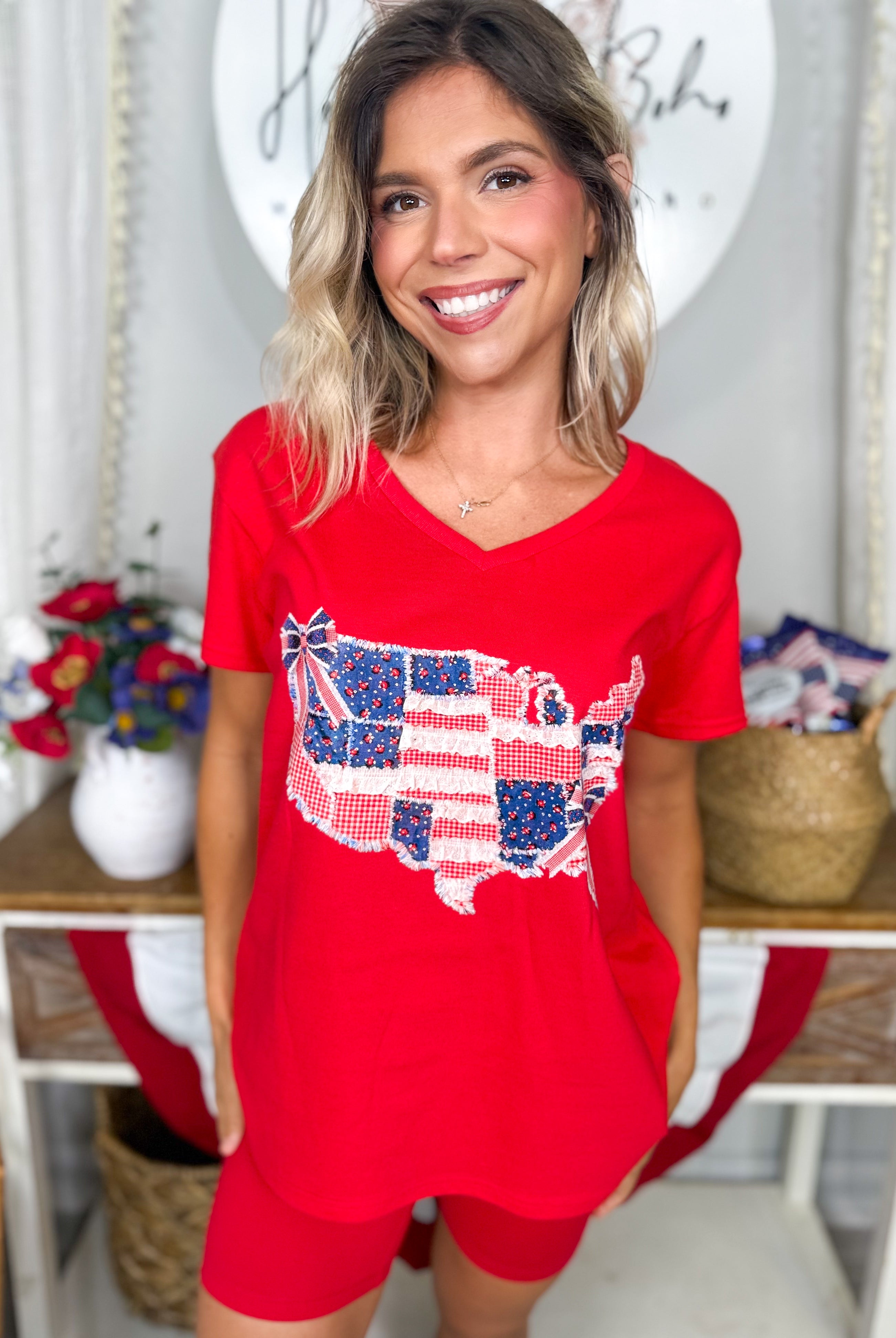 Faux Patchwork USA Map V-Neck Graphic Tee-130 Graphic Tees-Heathered Boho-Heathered Boho Boutique, Women's Fashion and Accessories in Palmetto, FL