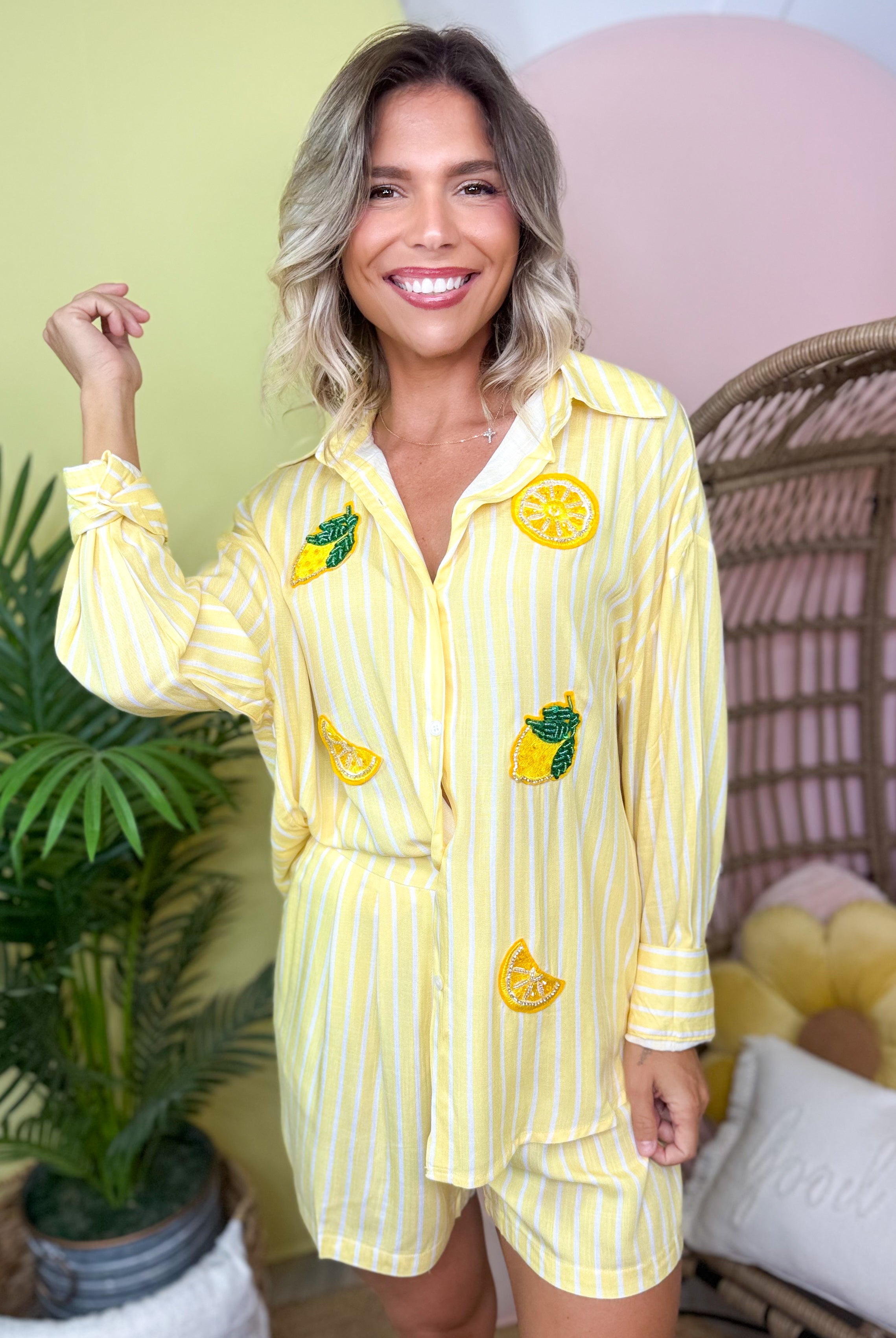 Lemon Twist Kathryn Button Up Top-120 LONG SLEEVE TOPS-SOUTHERN GRACE-Heathered Boho Boutique, Women's Fashion and Accessories in Palmetto, FL