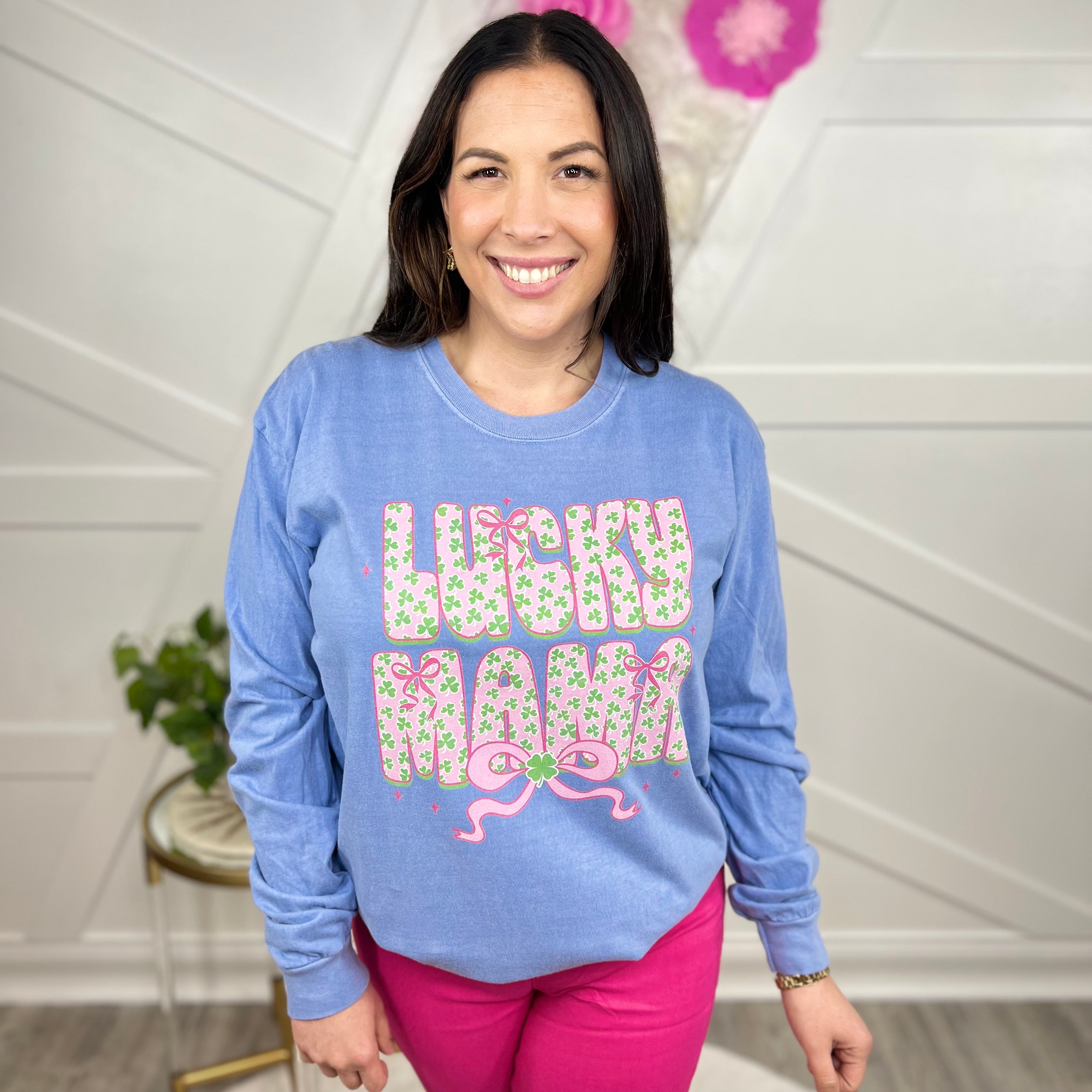 Lucky Mama Graphic Long Sleeve-130 Graphic Tees-Heathered Boho-Heathered Boho Boutique, Women's Fashion and Accessories in Palmetto, FL