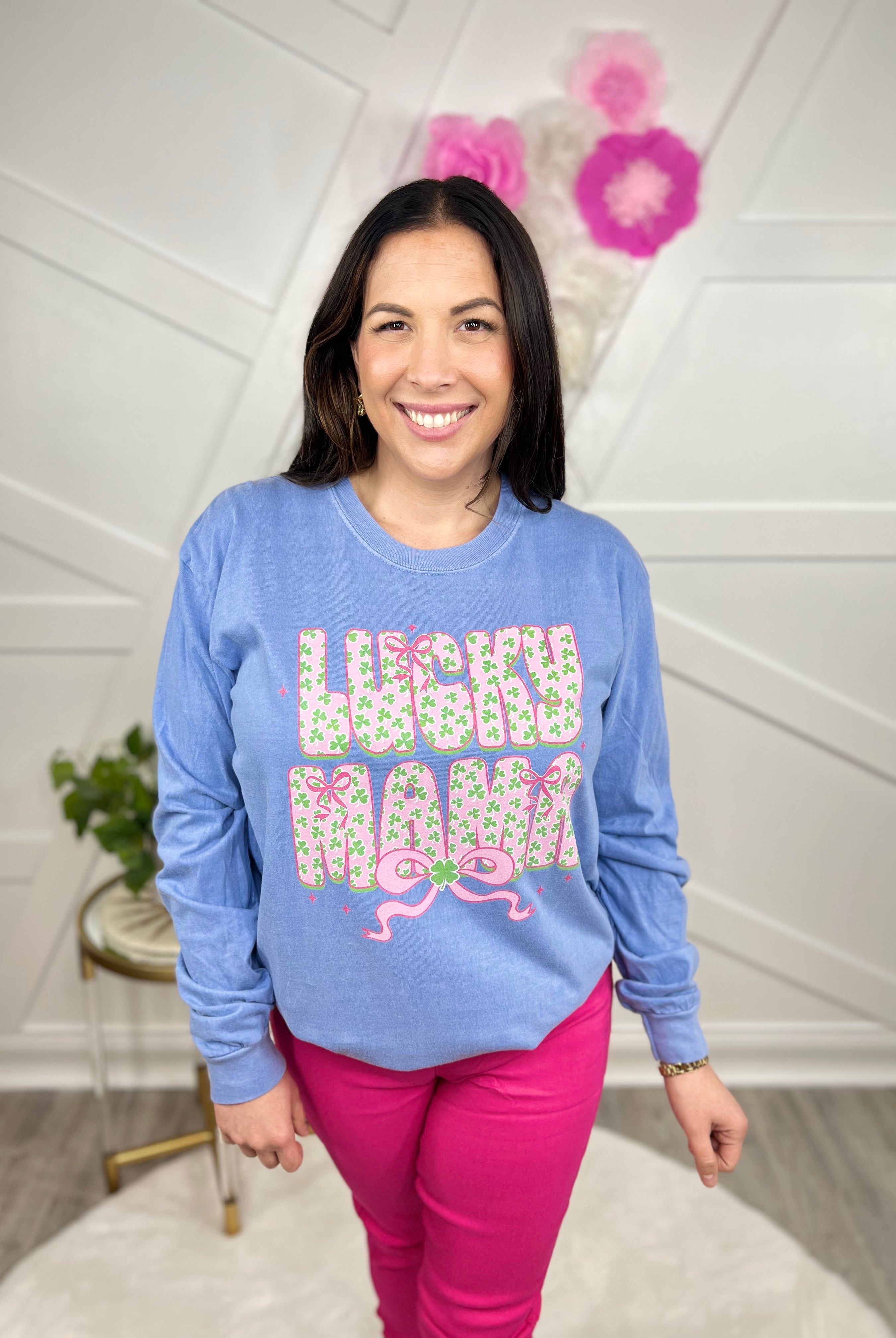 Lucky Mama Graphic Long Sleeve-130 Graphic Tees-Heathered Boho-Heathered Boho Boutique, Women's Fashion and Accessories in Palmetto, FL