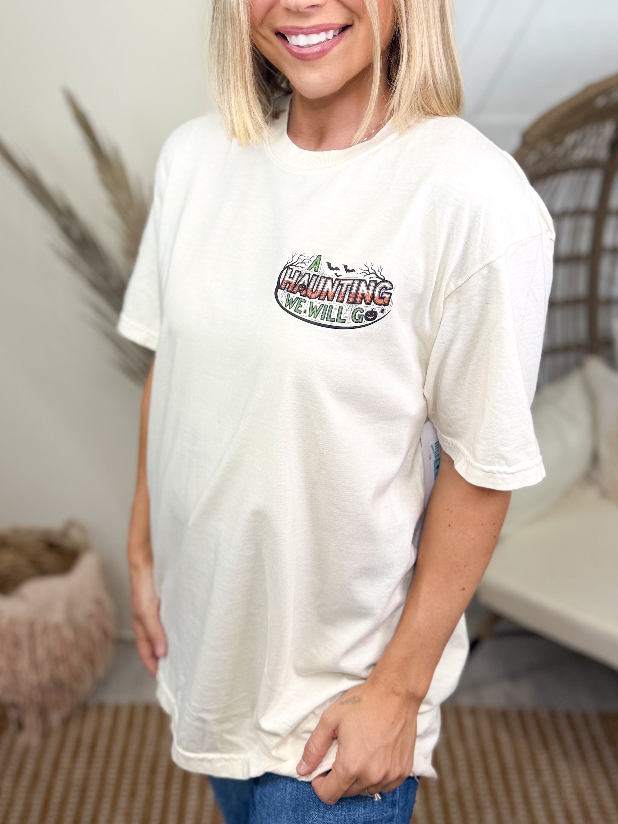 A Haunting We Will Go w/ Pocket Graphic Tee-130 Graphic Tees-Heathered Boho-Heathered Boho Boutique, Women's Fashion and Accessories in Palmetto, FL