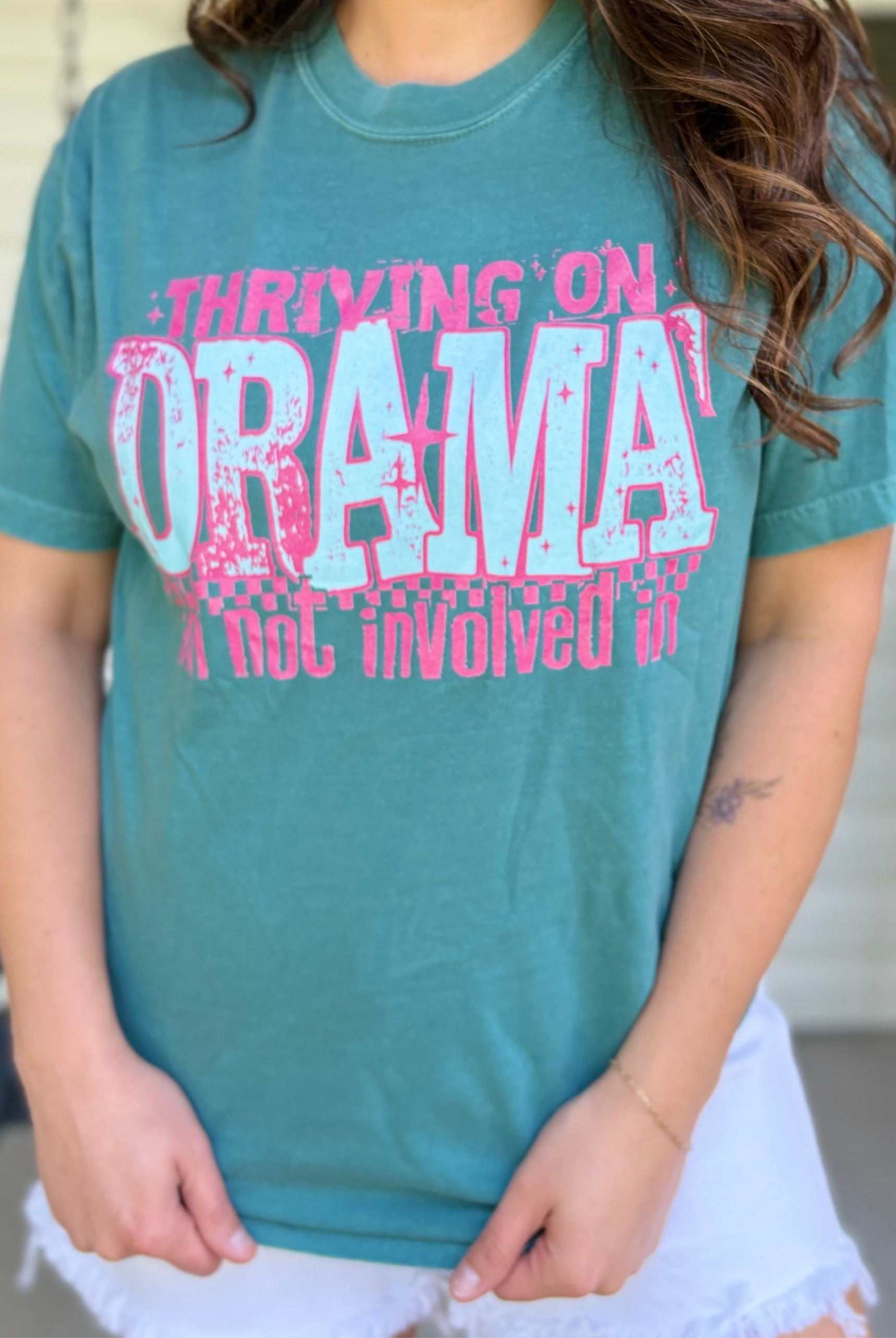 Thriving On Drama Graphic Tee - Emerald-130 Graphic Tees-Heathered Boho-Heathered Boho Boutique, Women's Fashion and Accessories in Palmetto, FL