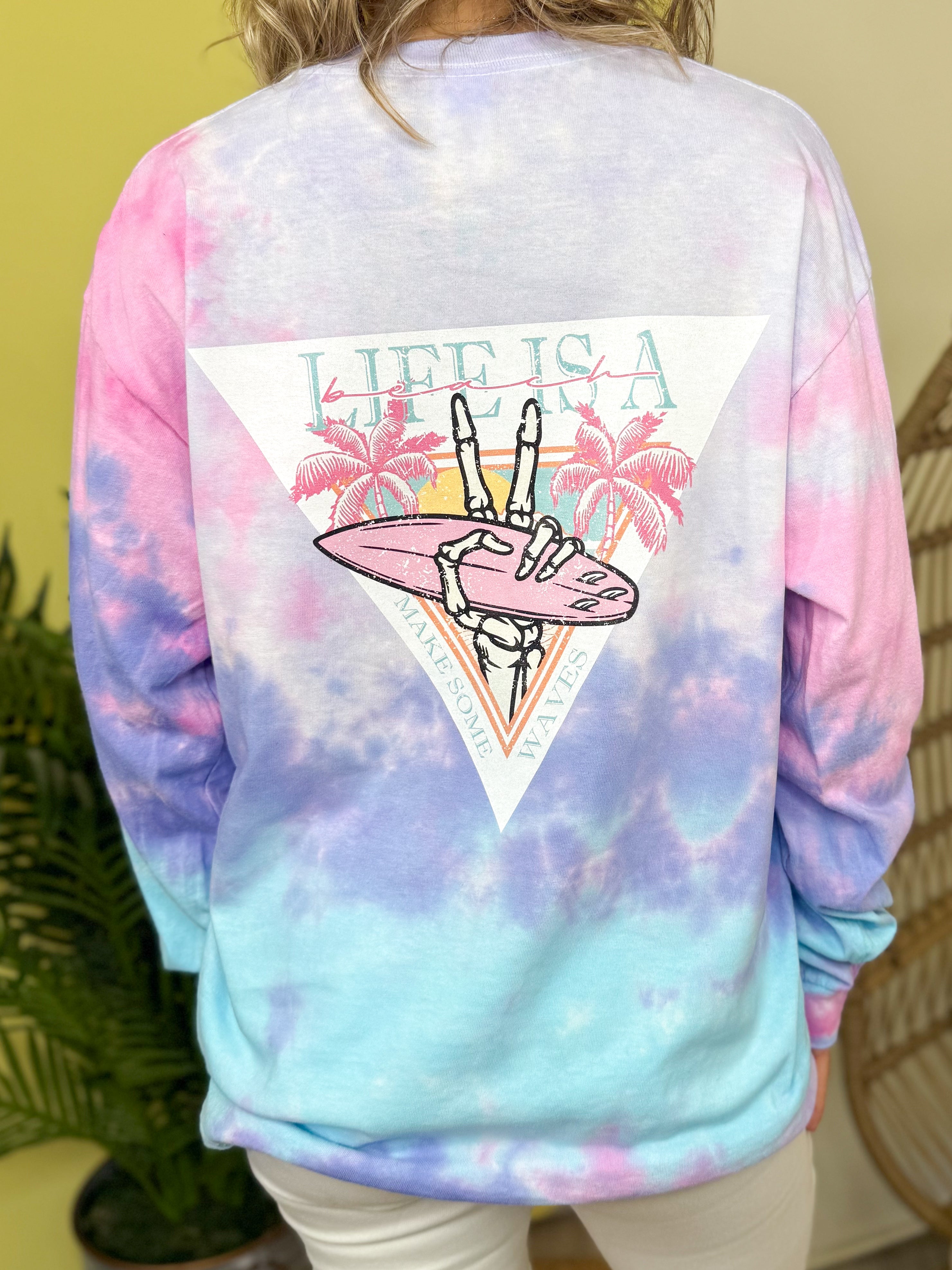 Life is a Beach Retro Summer-Pocket/Back- Graphic Long Sleeve-130 Graphic Tees-Heathered Boho-Heathered Boho Boutique, Women's Fashion and Accessories in Palmetto, FL