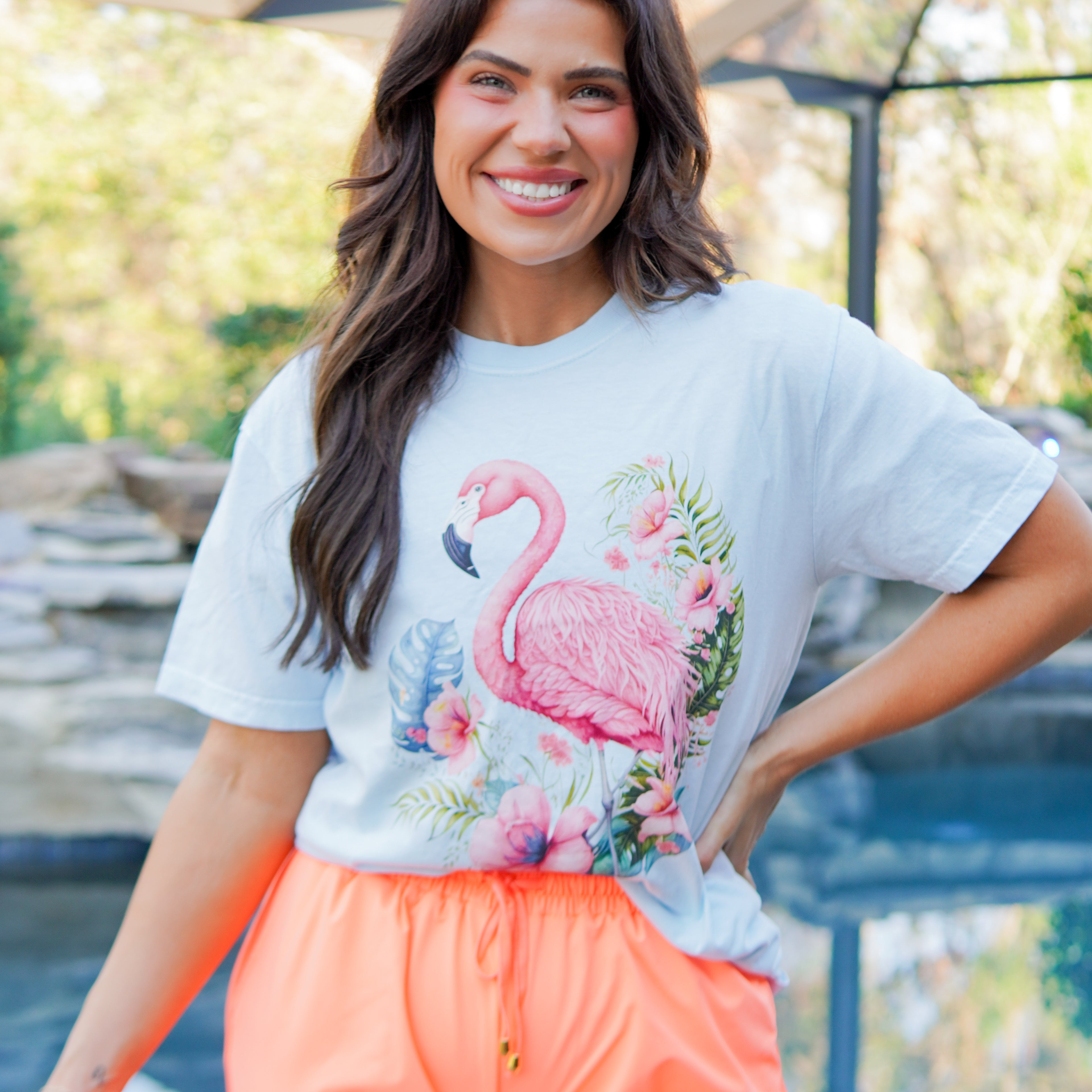 Tropical Flamingo Graphic Tee-130 Graphic Tees-Heathered Boho-Heathered Boho Boutique, Women's Fashion and Accessories in Palmetto, FL