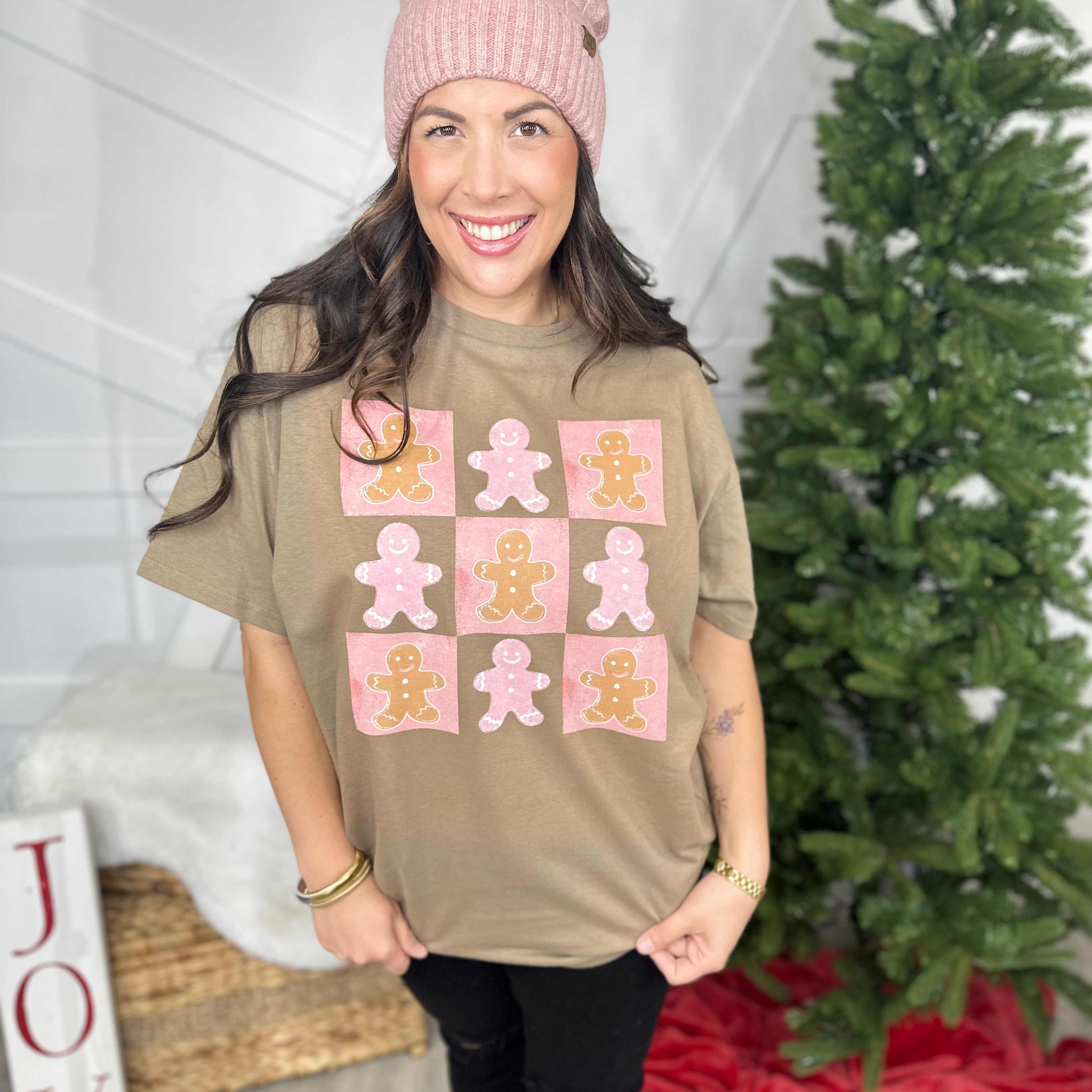 Checkered Gingerbread Graphic Tee-130 Graphic Tees-Heathered Boho-Heathered Boho Boutique, Women's Fashion and Accessories in Palmetto, FL