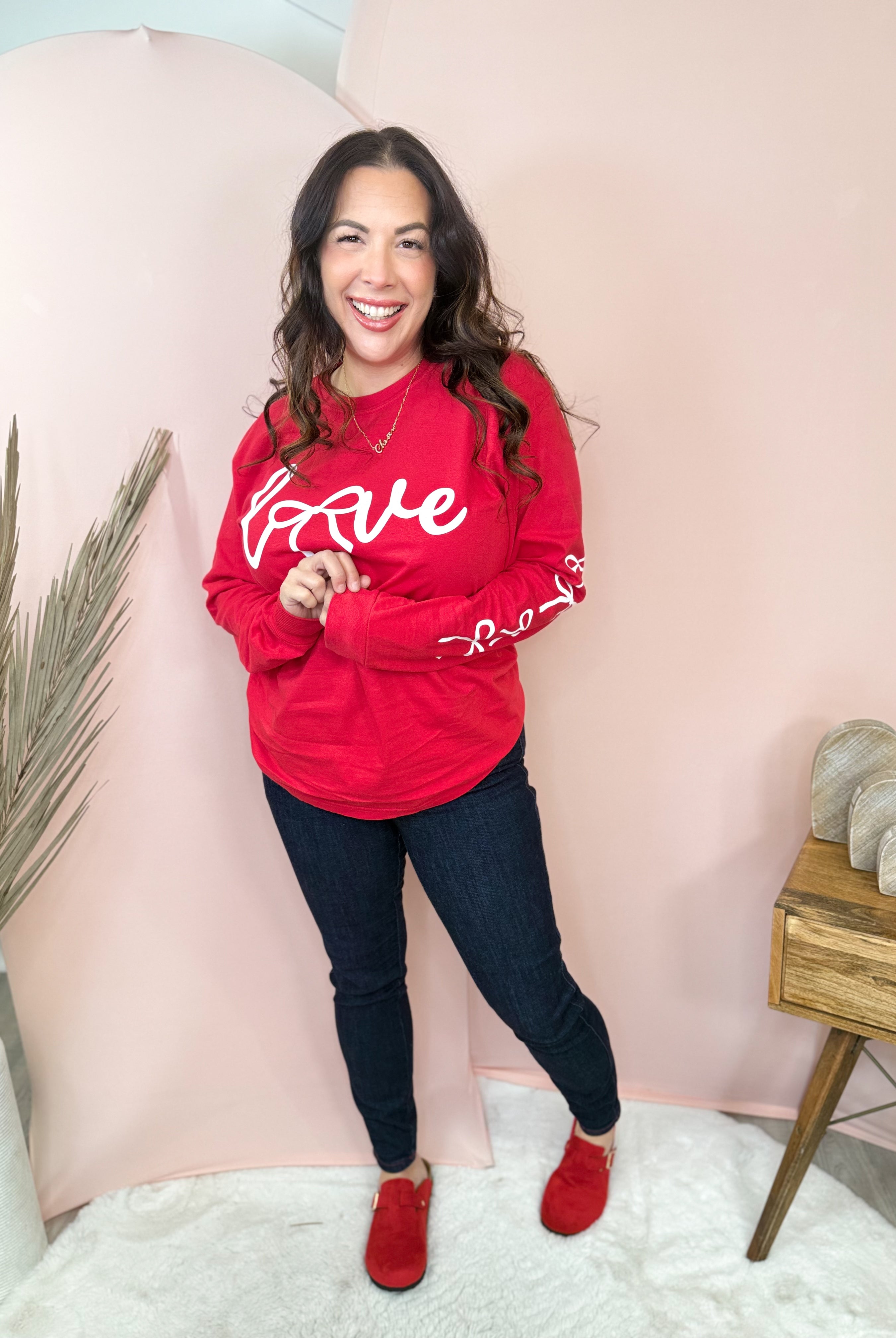 Love Bow w/ Sleeve Graphic Long Sleeve-130 Graphic Tees-Heathered Boho-Heathered Boho Boutique, Women's Fashion and Accessories in Palmetto, FL