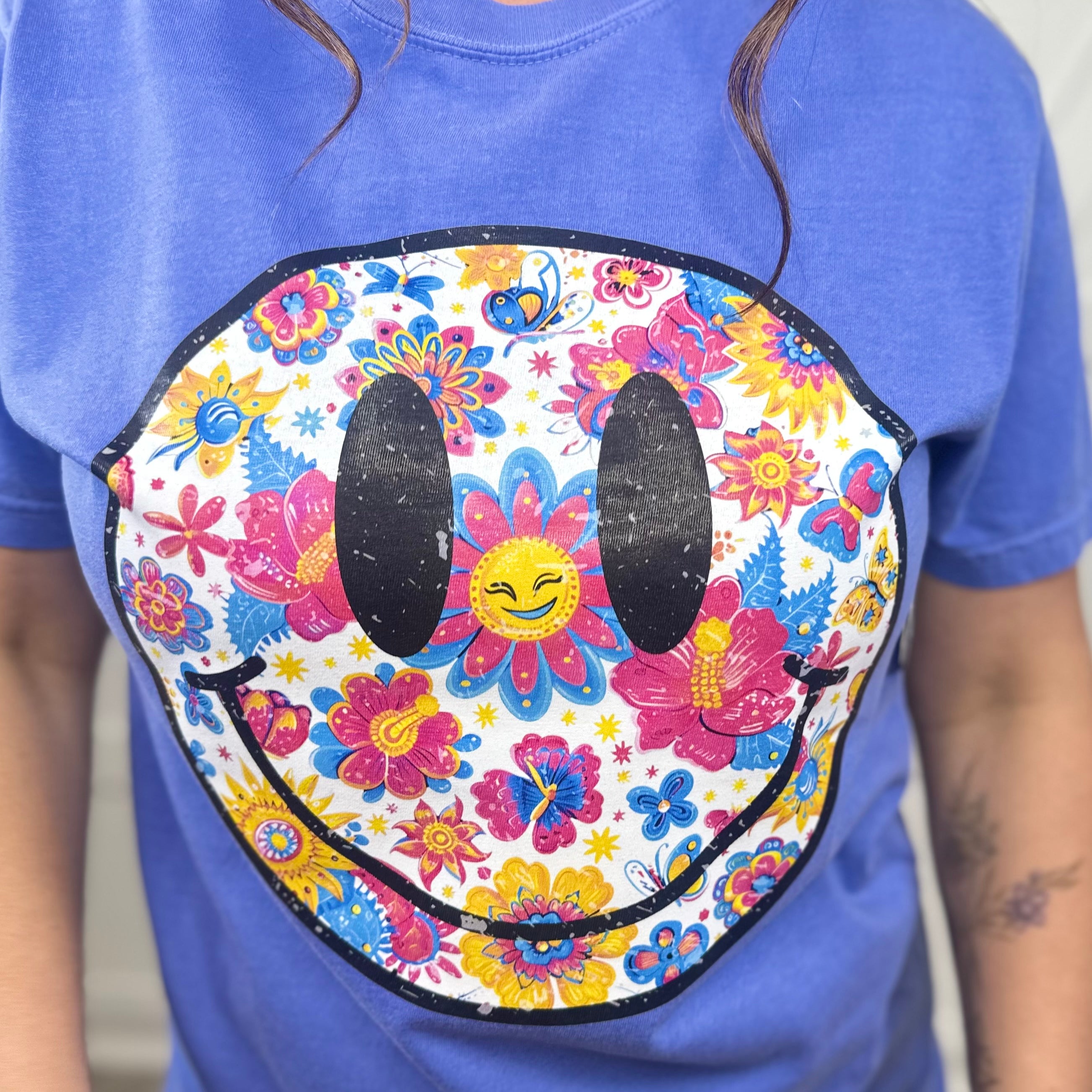 Summery Smiley Graphic Tee - Flo Blue-130 Graphic Tees-Heathered Boho-Heathered Boho Boutique, Women's Fashion and Accessories in Palmetto, FL