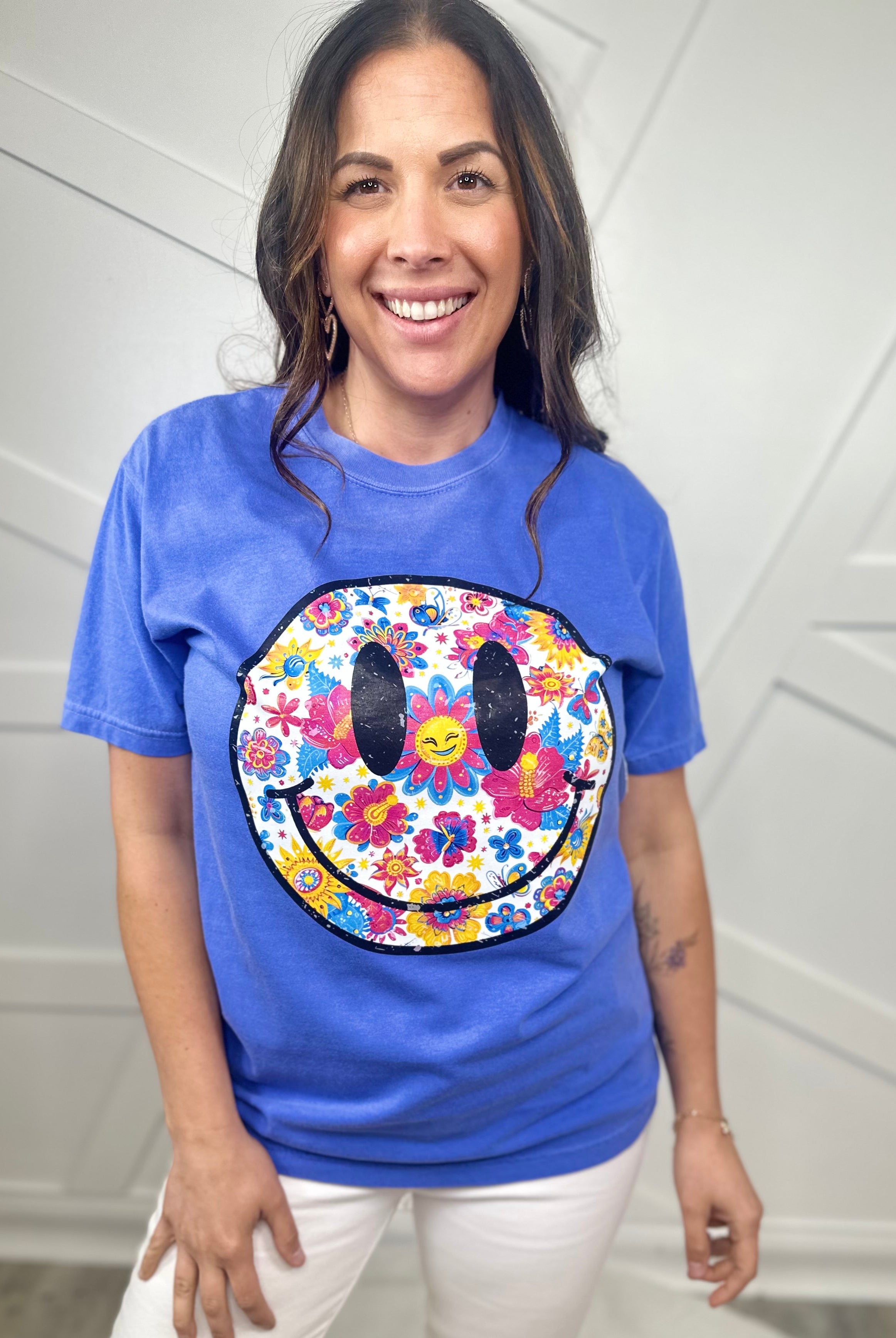 Summery Smiley Graphic Tee - Flo Blue-130 Graphic Tees-Heathered Boho-Heathered Boho Boutique, Women's Fashion and Accessories in Palmetto, FL