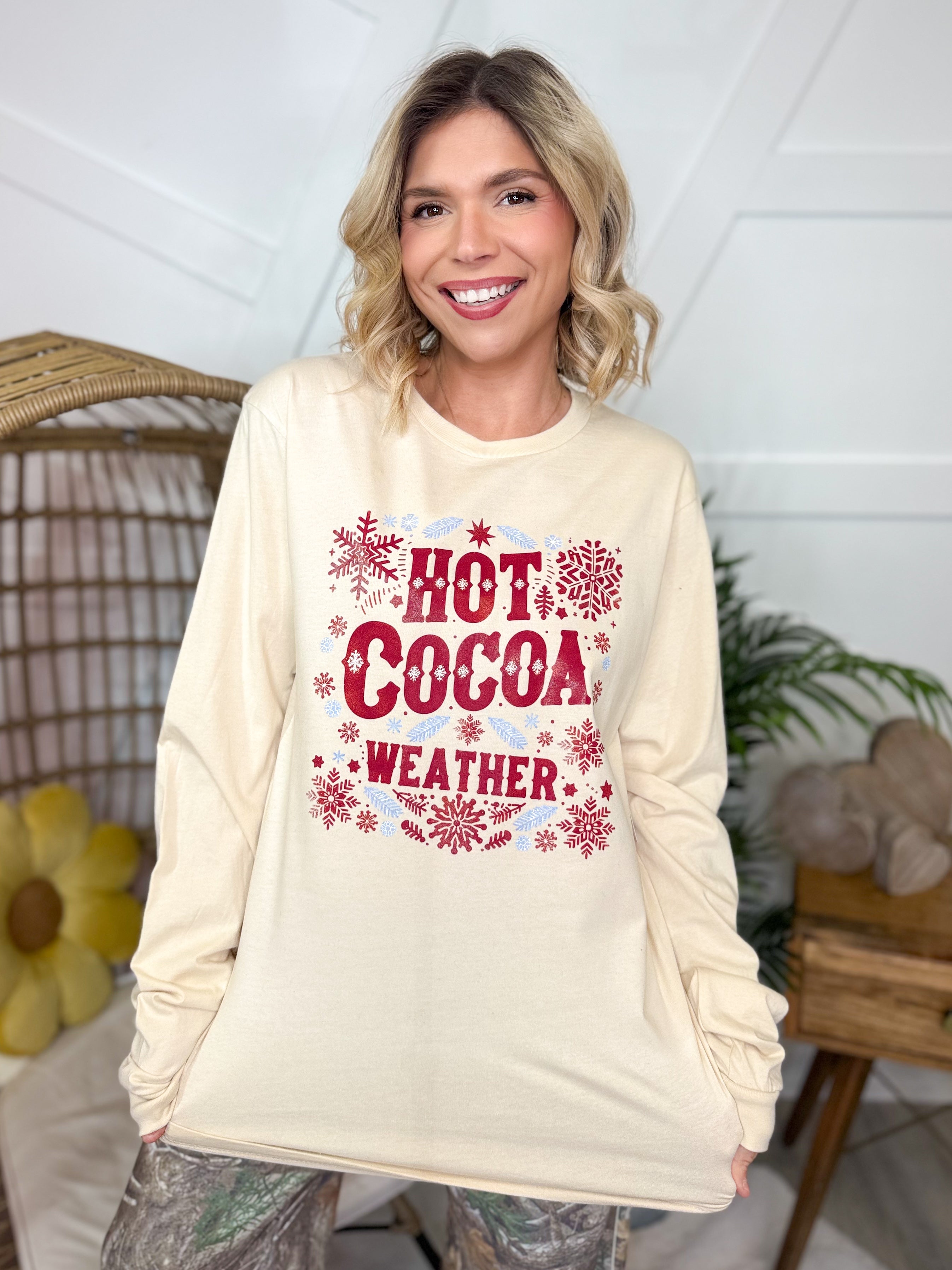 Hot Cocoa Weather Graphic Long Sleeve-130 Graphic Tees-Heathered Boho-Heathered Boho Boutique, Women's Fashion and Accessories in Palmetto, FL