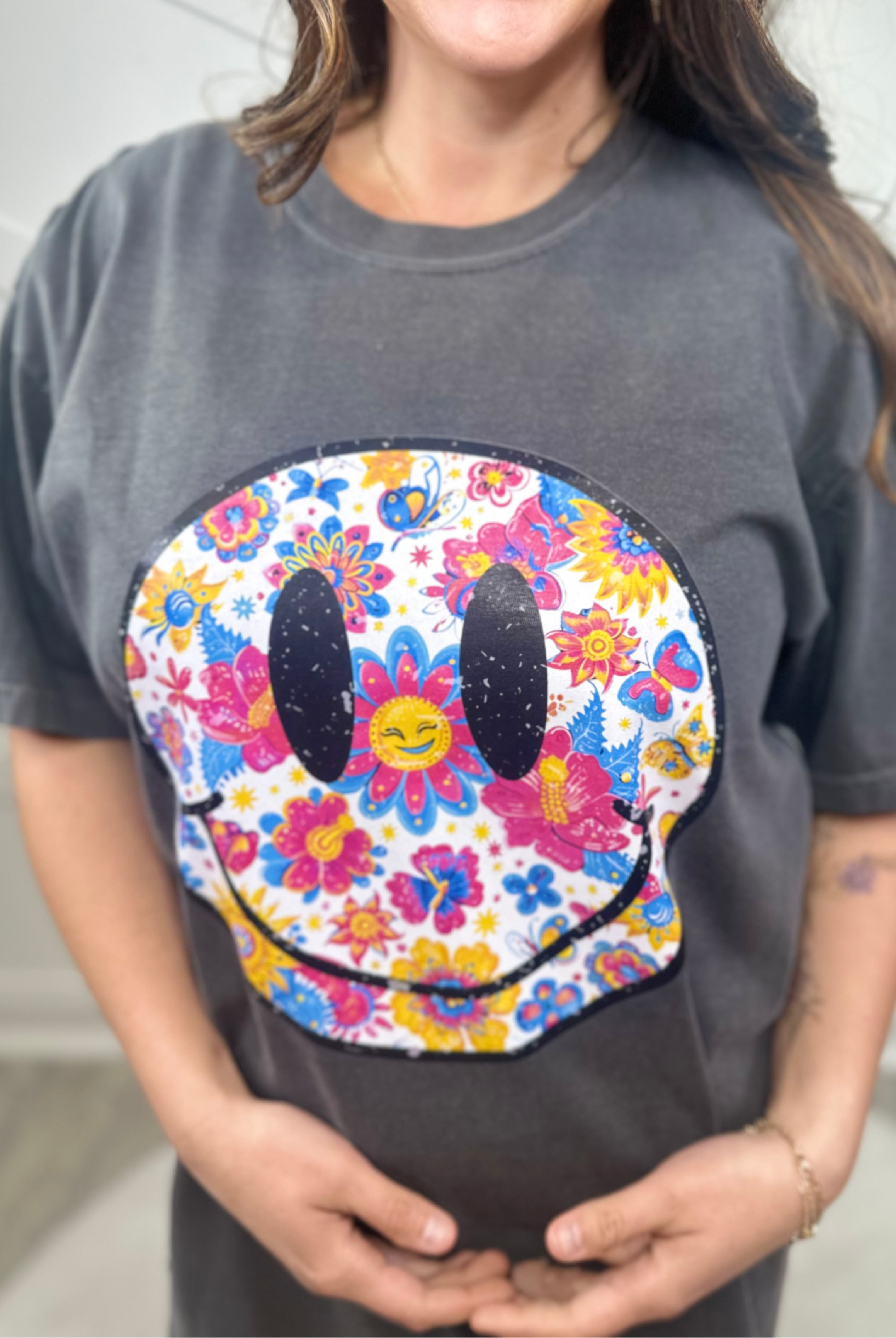 Summery Smiley Graphic Tee - Pepper-130 Graphic Tees-Heathered Boho-Heathered Boho Boutique, Women's Fashion and Accessories in Palmetto, FL
