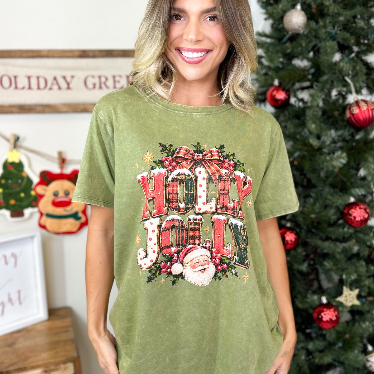Holly Jolly Christmas Graphic Tee-130 Graphic Tees-Heathered Boho-Heathered Boho Boutique, Women's Fashion and Accessories in Palmetto, FL