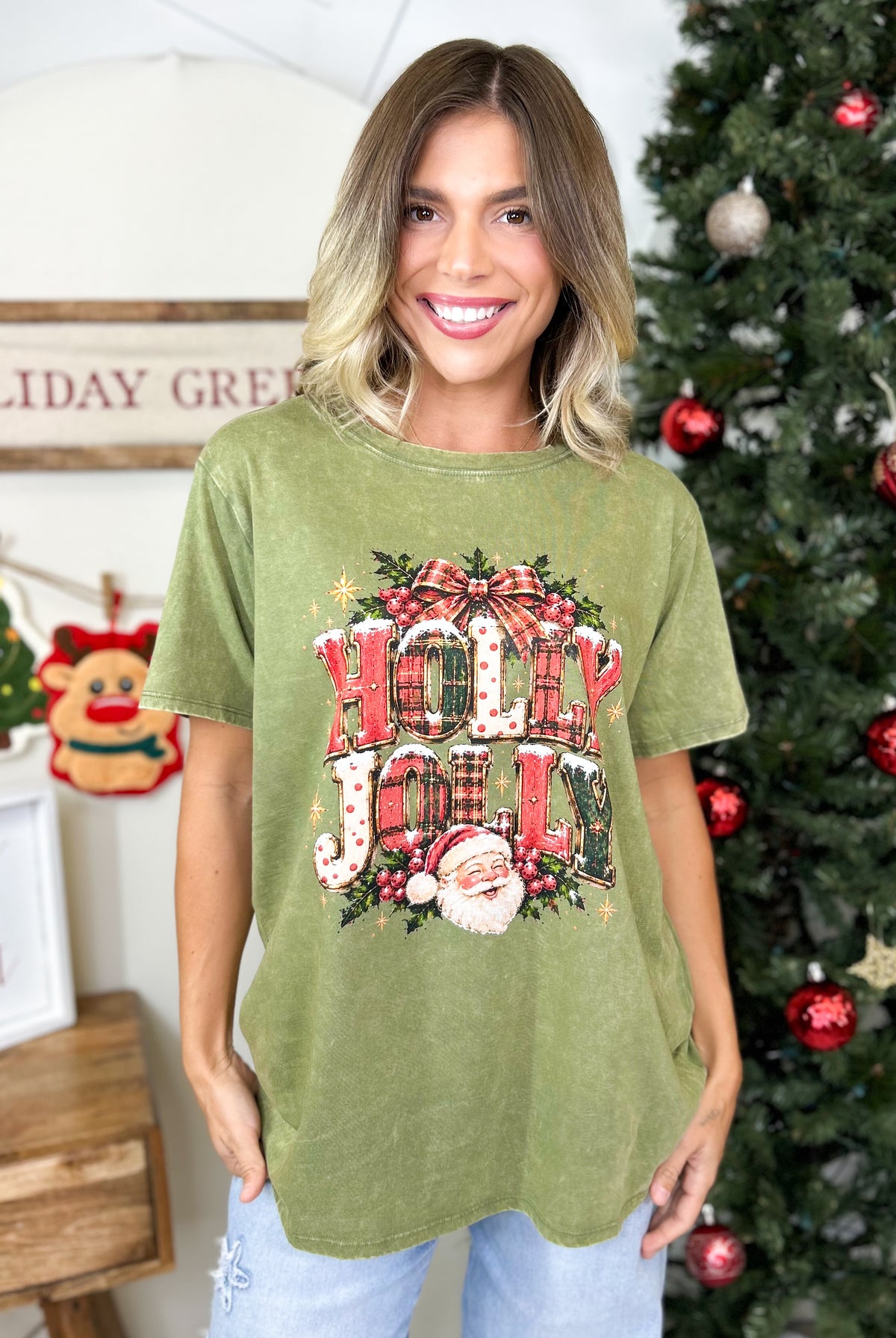 Holly Jolly Christmas Graphic Tee-130 Graphic Tees-Heathered Boho-Heathered Boho Boutique, Women's Fashion and Accessories in Palmetto, FL