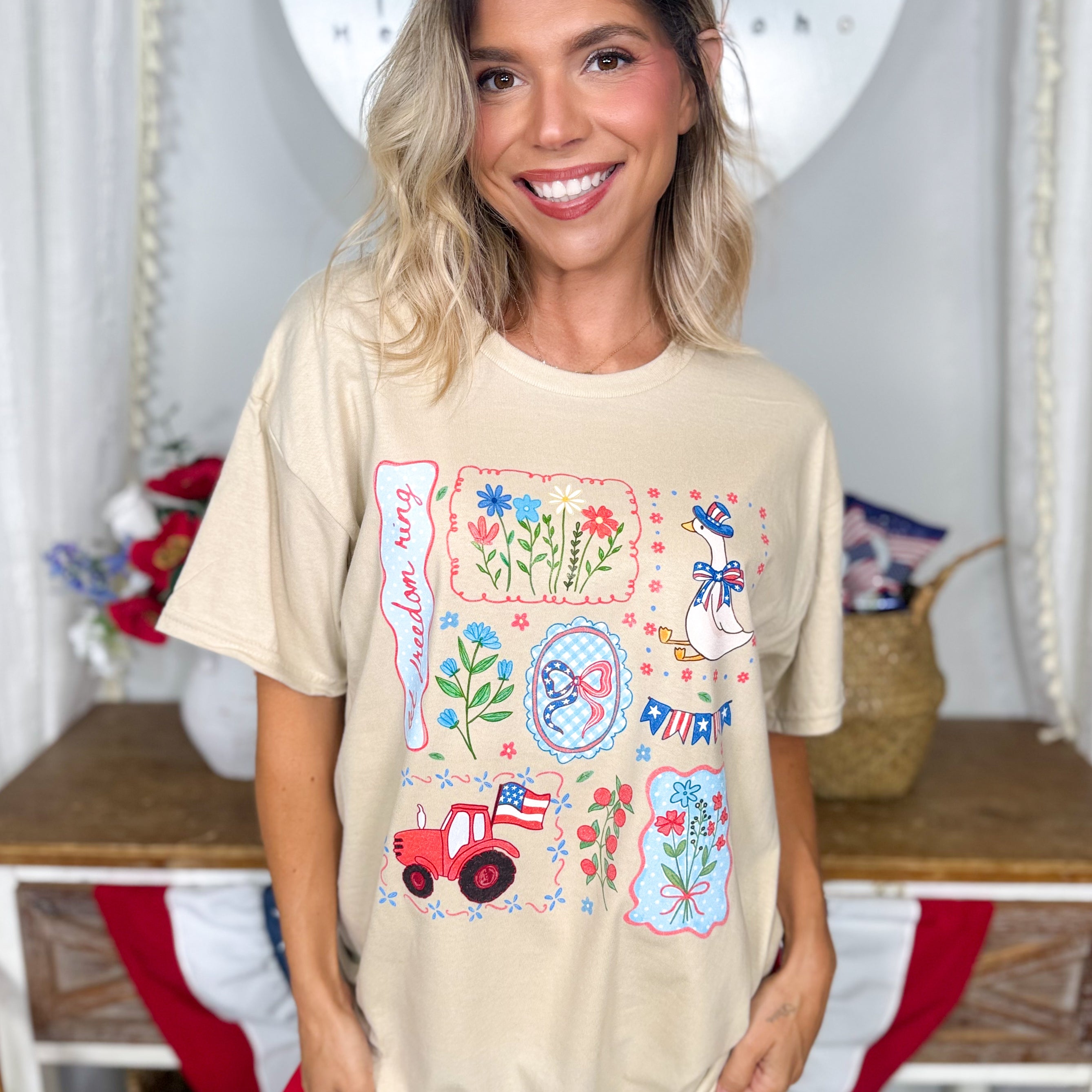 Cottage Floral USA Goose Graphic Tee-130 Graphic Tees-Heathered Boho-Heathered Boho Boutique, Women's Fashion and Accessories in Palmetto, FL