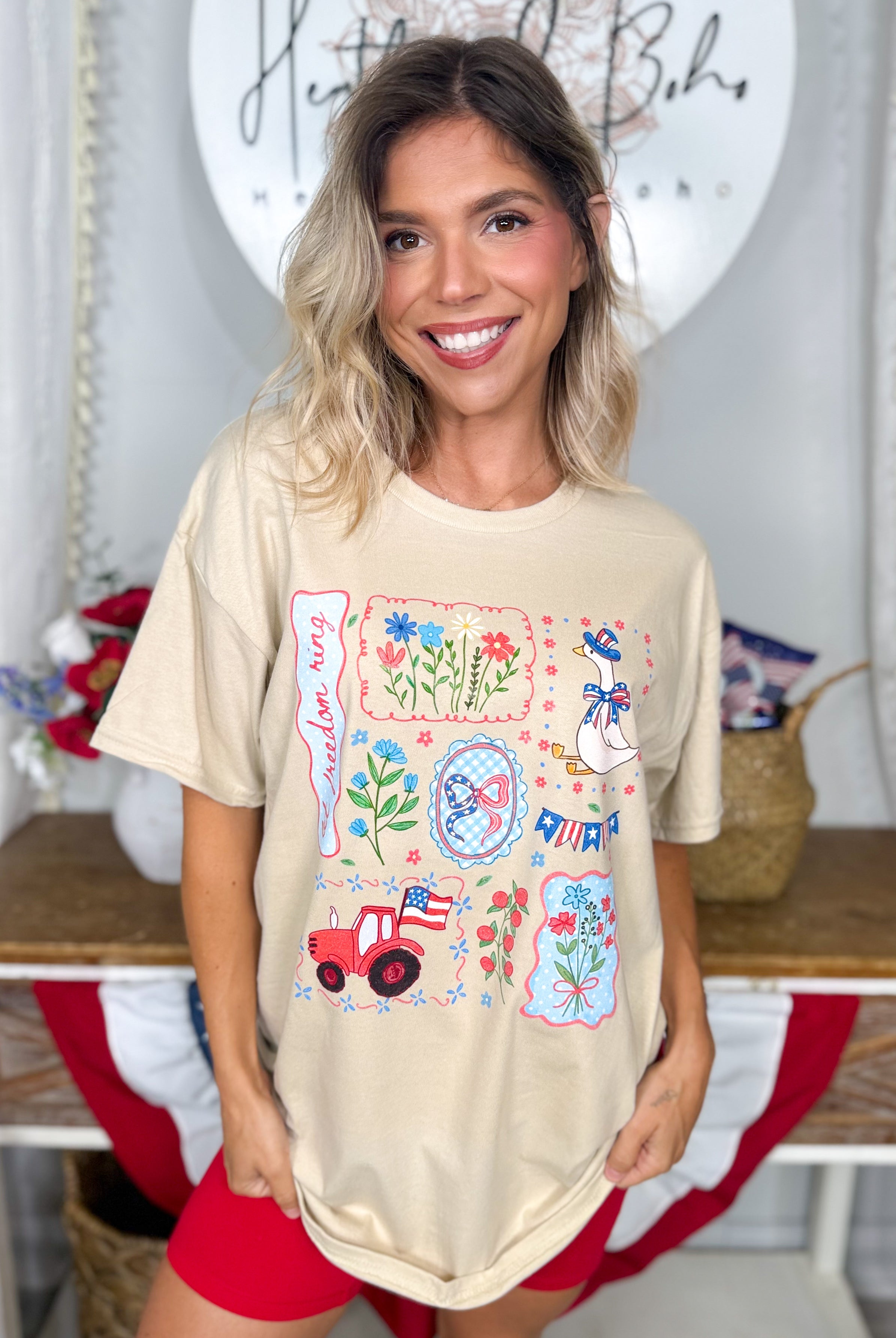 Cottage Floral USA Goose Graphic Tee-130 Graphic Tees-Heathered Boho-Heathered Boho Boutique, Women's Fashion and Accessories in Palmetto, FL
