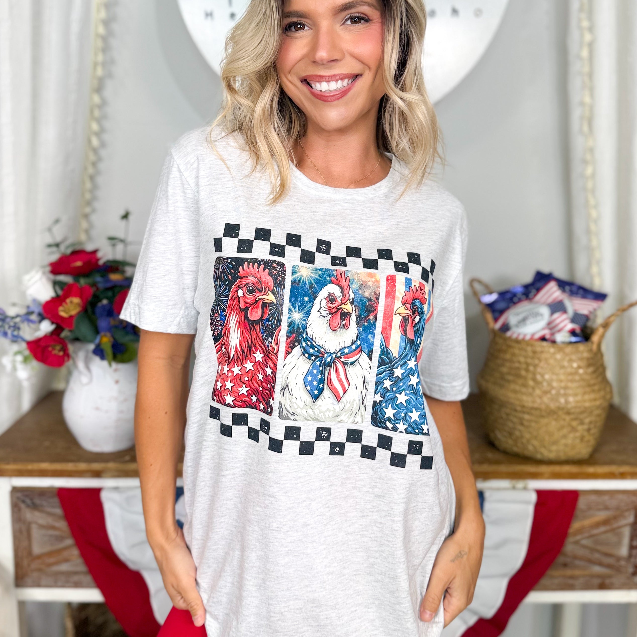 Patriotic Chicken Graphic Tee-130 Graphic Tees-Heathered Boho-Heathered Boho Boutique, Women's Fashion and Accessories in Palmetto, FL