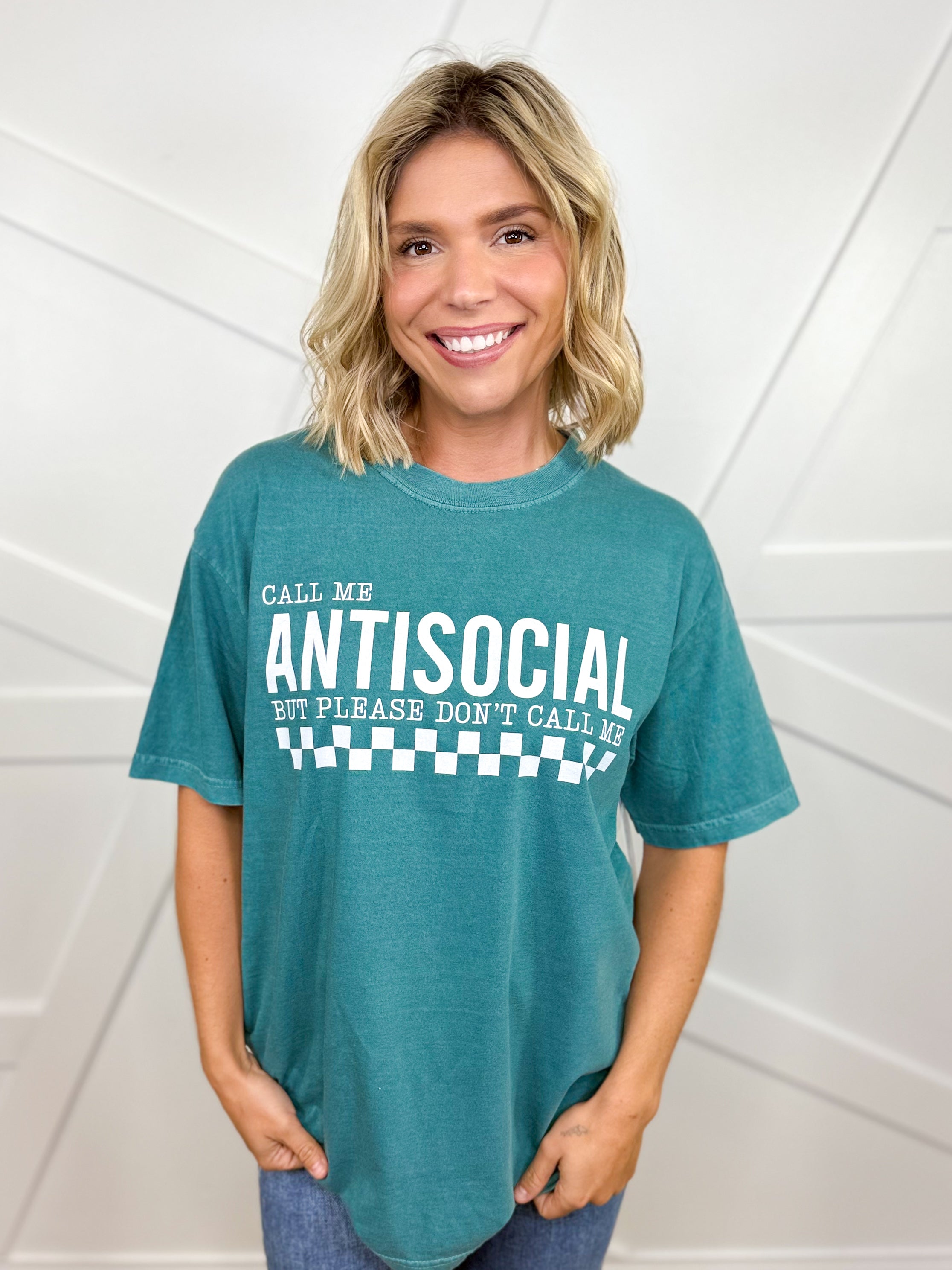 Call Me Antisocial Graphic Tee - Emerald-130 Graphic Tees-Heathered Boho-Heathered Boho Boutique, Women's Fashion and Accessories in Palmetto, FL
