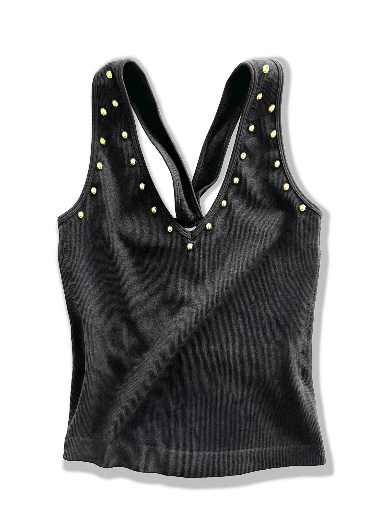 Studded Back Smoothing V-Neck Brami - Black-100 TANK/CROP TOPS-Pebby Forevee-Heathered Boho Boutique, Women's Fashion and Accessories in Palmetto, FL