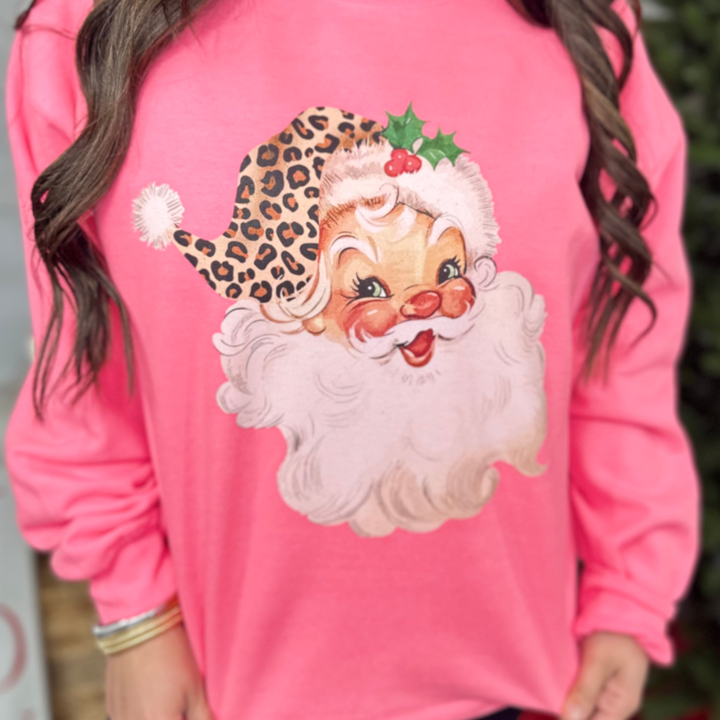 Leopard Hat Santa Graphic Sweatshirt-125 Sweater-Heathered Boho-Heathered Boho Boutique, Women's Fashion and Accessories in Palmetto, FL