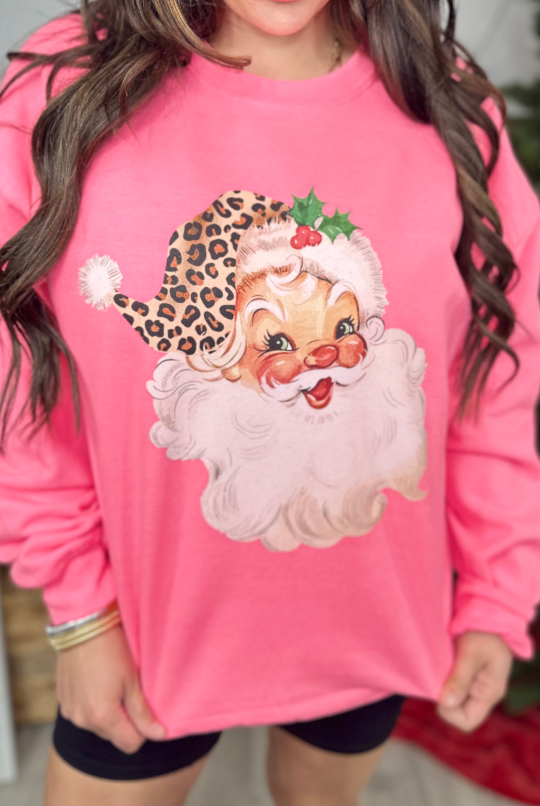 Leopard Hat Santa Graphic Sweatshirt-125 Sweater-Heathered Boho-Heathered Boho Boutique, Women's Fashion and Accessories in Palmetto, FL