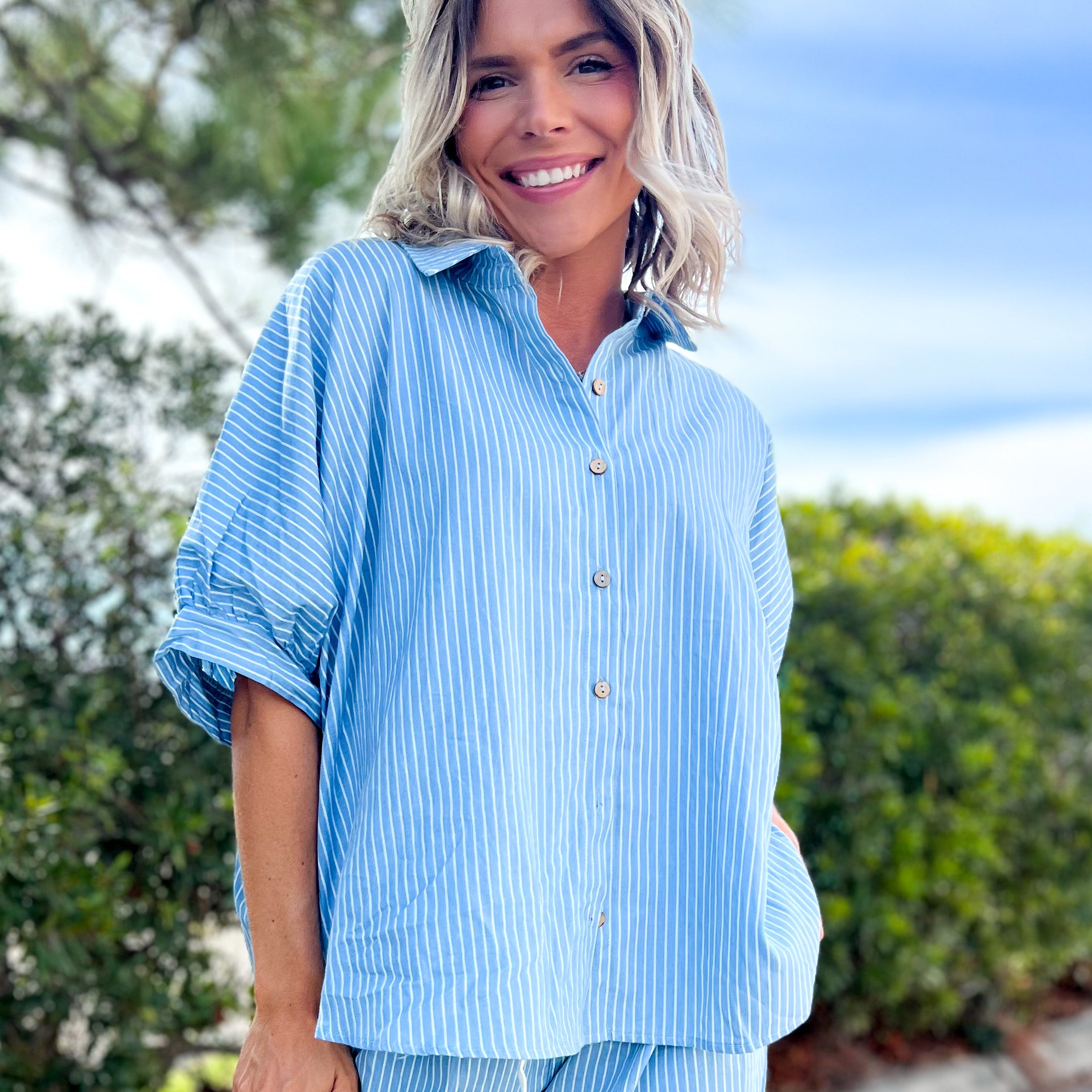 The Railroad Stripe Top-110 SHORT SLEEVE TOP-POLAGRAM-Heathered Boho Boutique, Women's Fashion and Accessories in Palmetto, FL