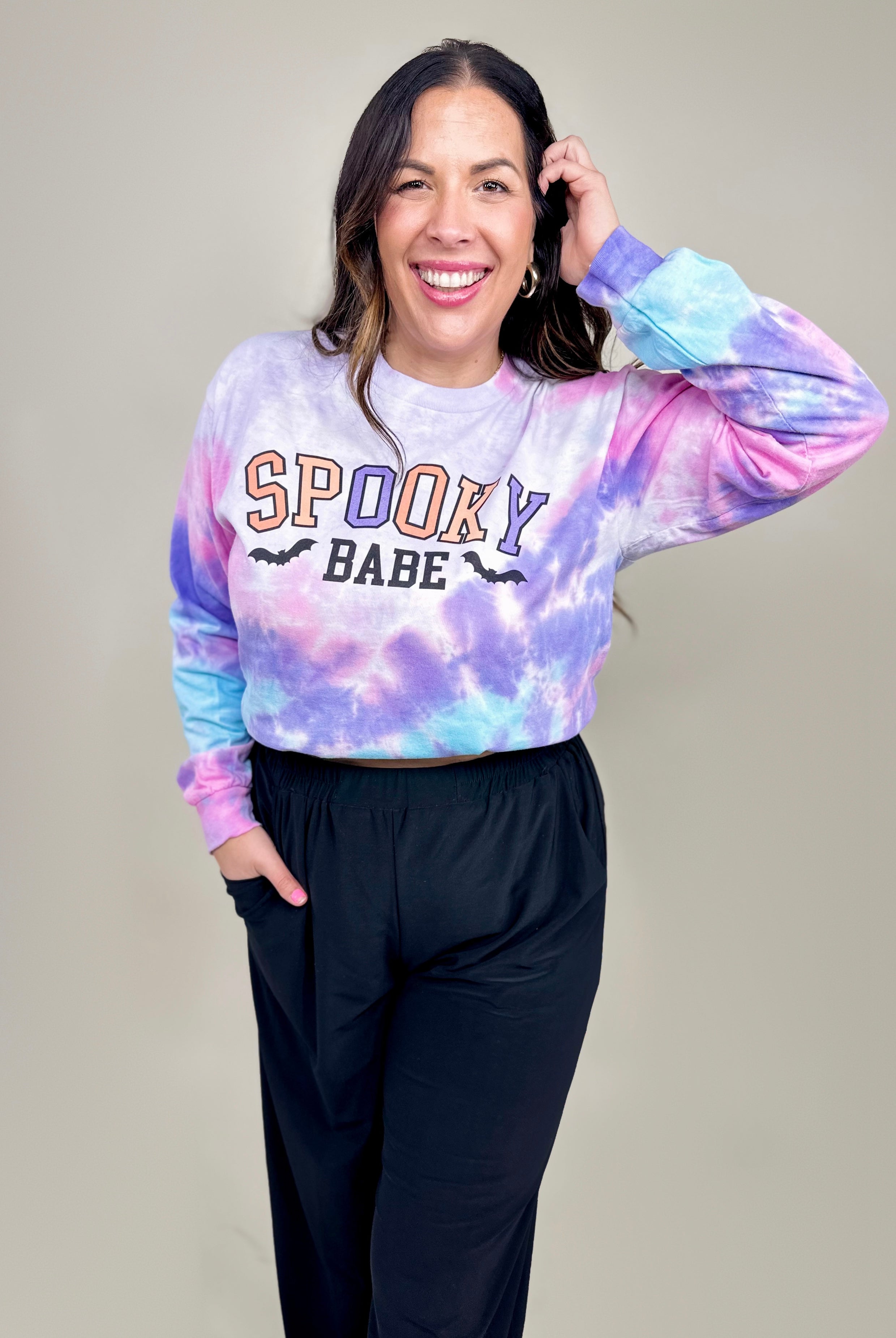 Tie Dye Spooky Babe Graphic Long Sleeve-120 Long Sleeve Tops-Heathered Boho-Heathered Boho Boutique, Women's Fashion and Accessories in Palmetto, FL