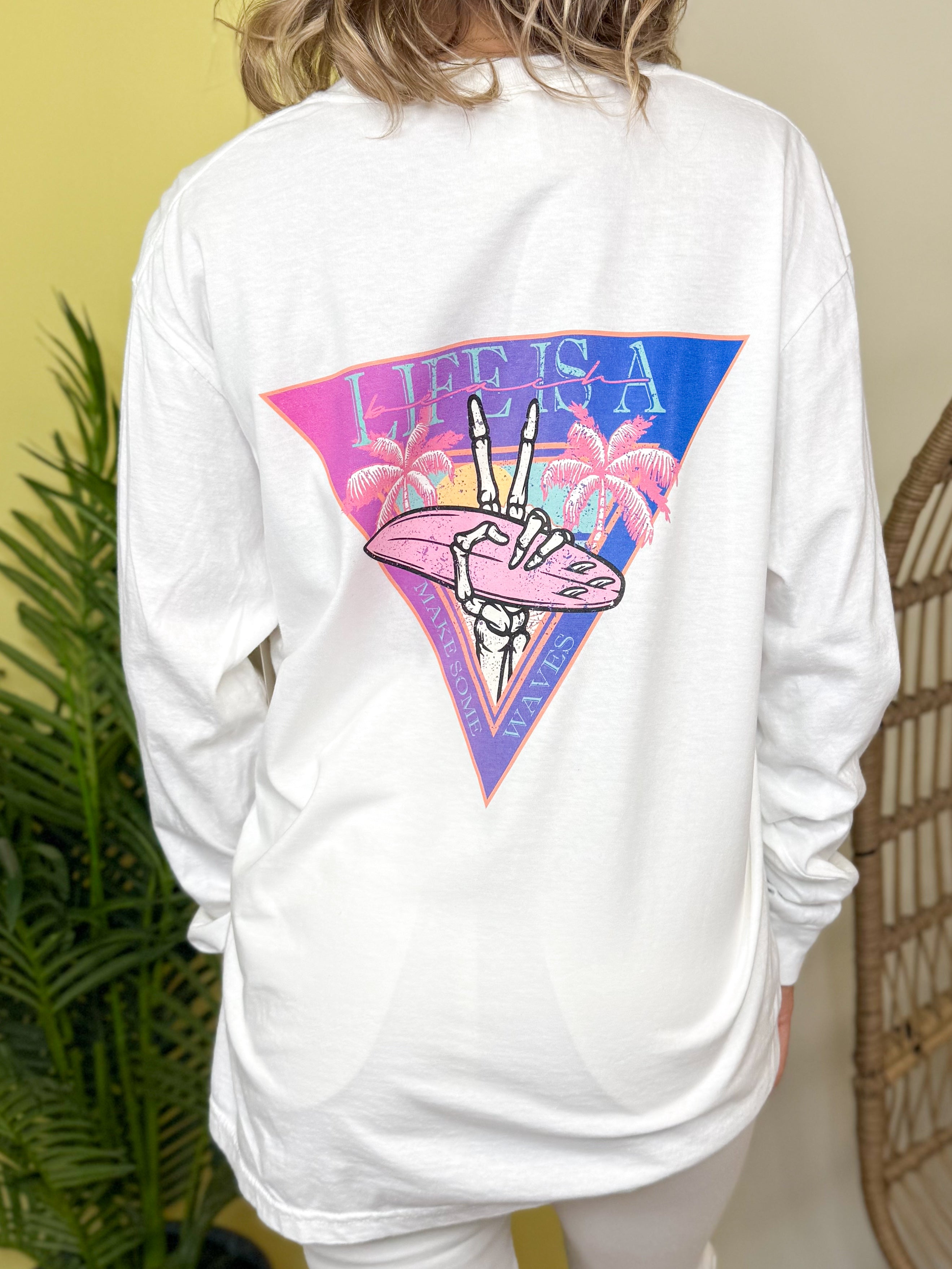 Make Some Waves-Pocket/Back- Graphic Long Sleeve-130 Graphic Tees-Heathered Boho-Heathered Boho Boutique, Women's Fashion and Accessories in Palmetto, FL