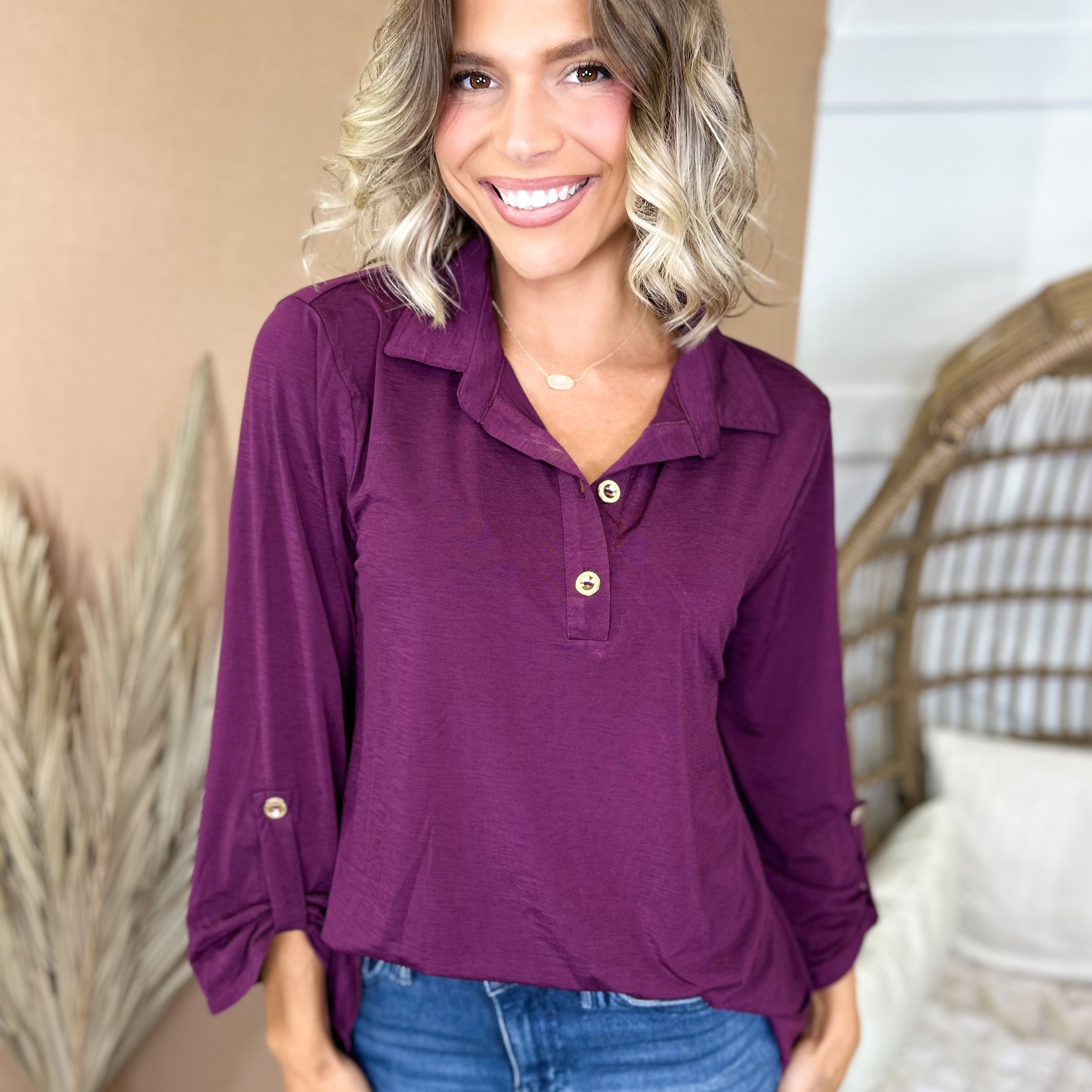 The Easy Does It Collared Top-120 LONG SLEEVE TOPS-DEAR SCARLETT-Heathered Boho Boutique, Women's Fashion and Accessories in Palmetto, FL